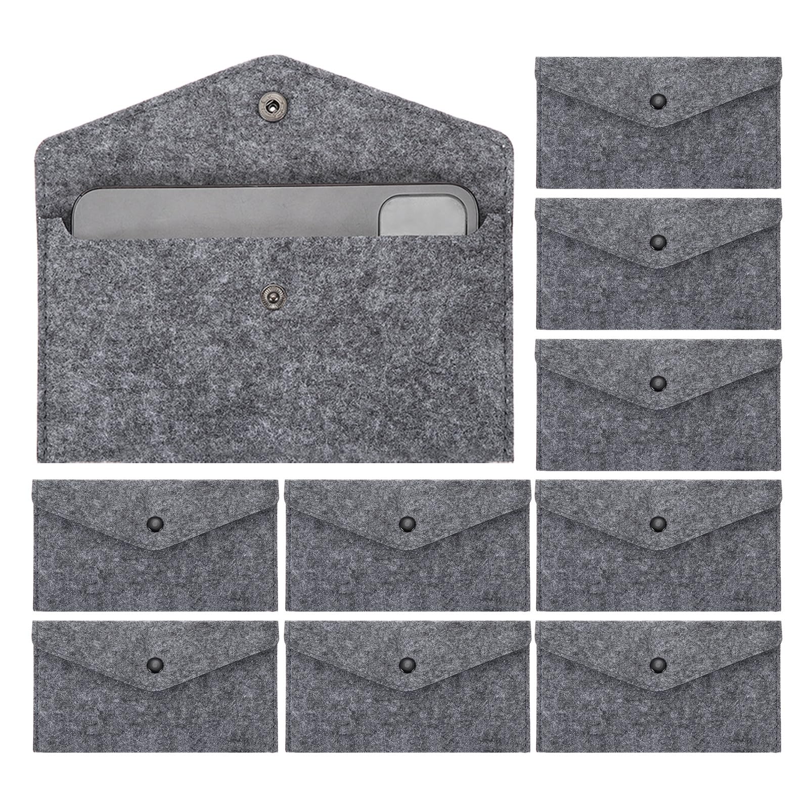 PATIKIL 10Pcs Felt Money Bag, Felt Cellphone Sleeve Case Pouch Cash Bag Button Closure Cash Envelope Wallet Storage Pouch for Card Pen Sunglasses, Medium Gray
