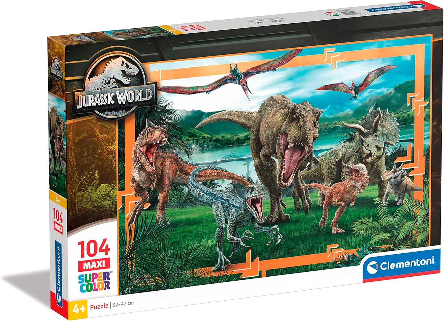 Clementoni - 23770 - Supercolor Puzzle - Jurassic World - 104 Maxi Pieces, Jigsaw Puzzle for Kids Age 4, Puzzle Cartoon, Made in Italy