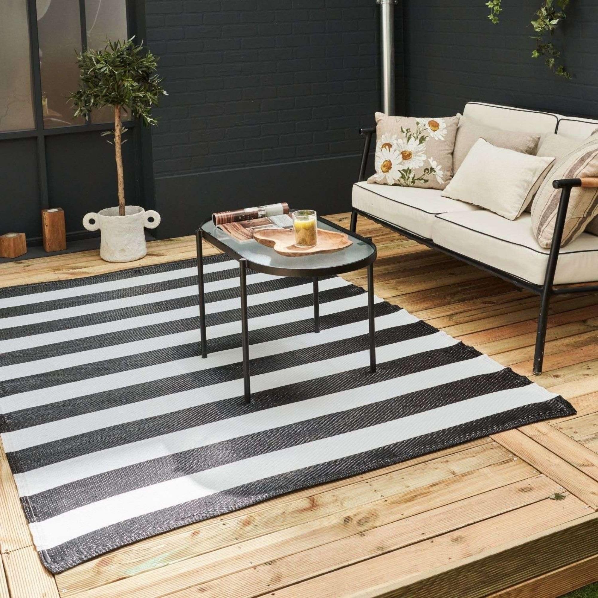 THE RUGS Rainbow Collection Outdoor Rug - Easy to Clean, Waterproof Plastic Outdoor Rugs for Garden, Patio, Balcony, Camping - Vibrant Plastic Straw Rug - Striped Black/White, 240x340 — image 1