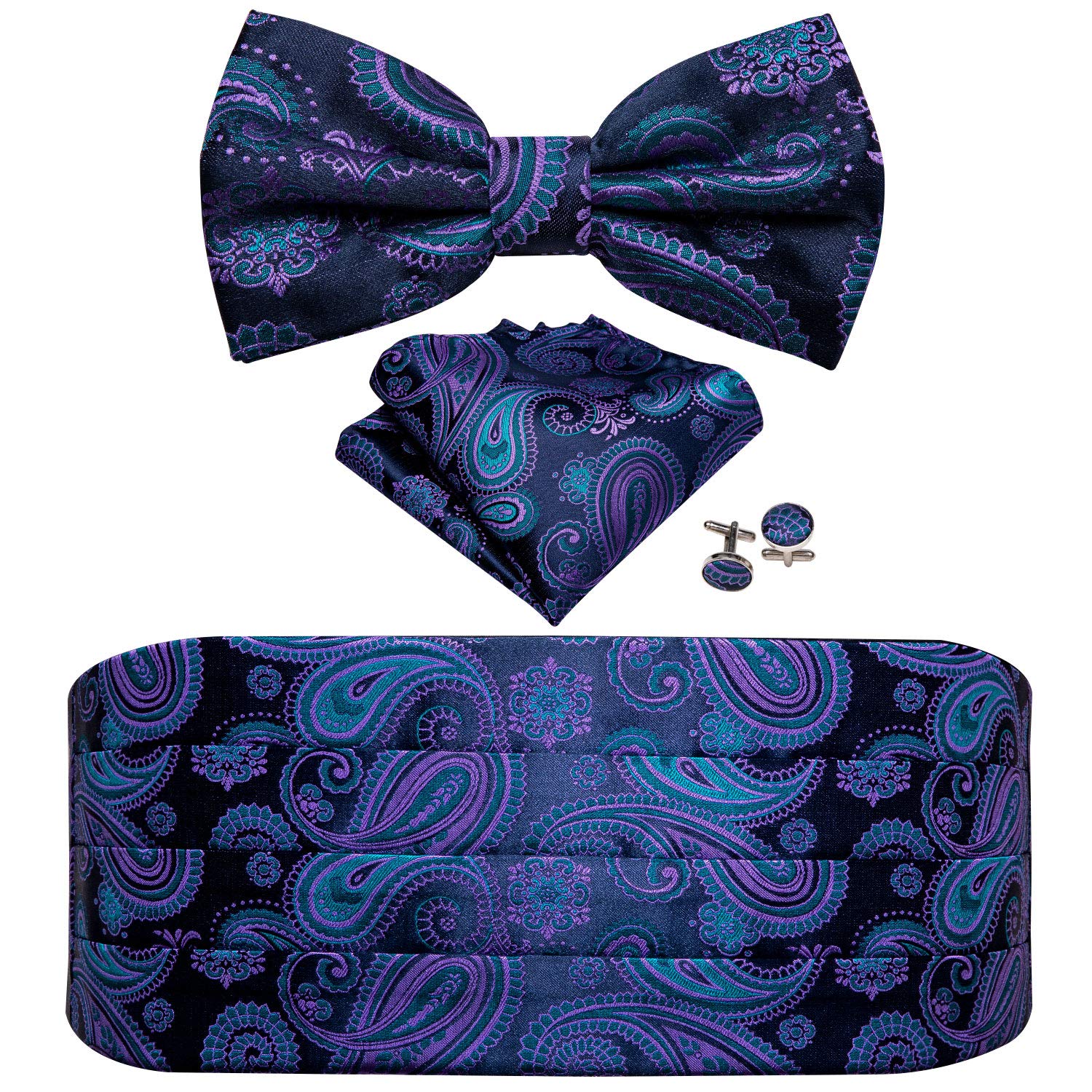 YOHOWA Men Cummerbund Bow Tie Set Silk Paisley Formal Pre-Tied Bowtie Pocket Square Cufflinks Wedding Party Prom
