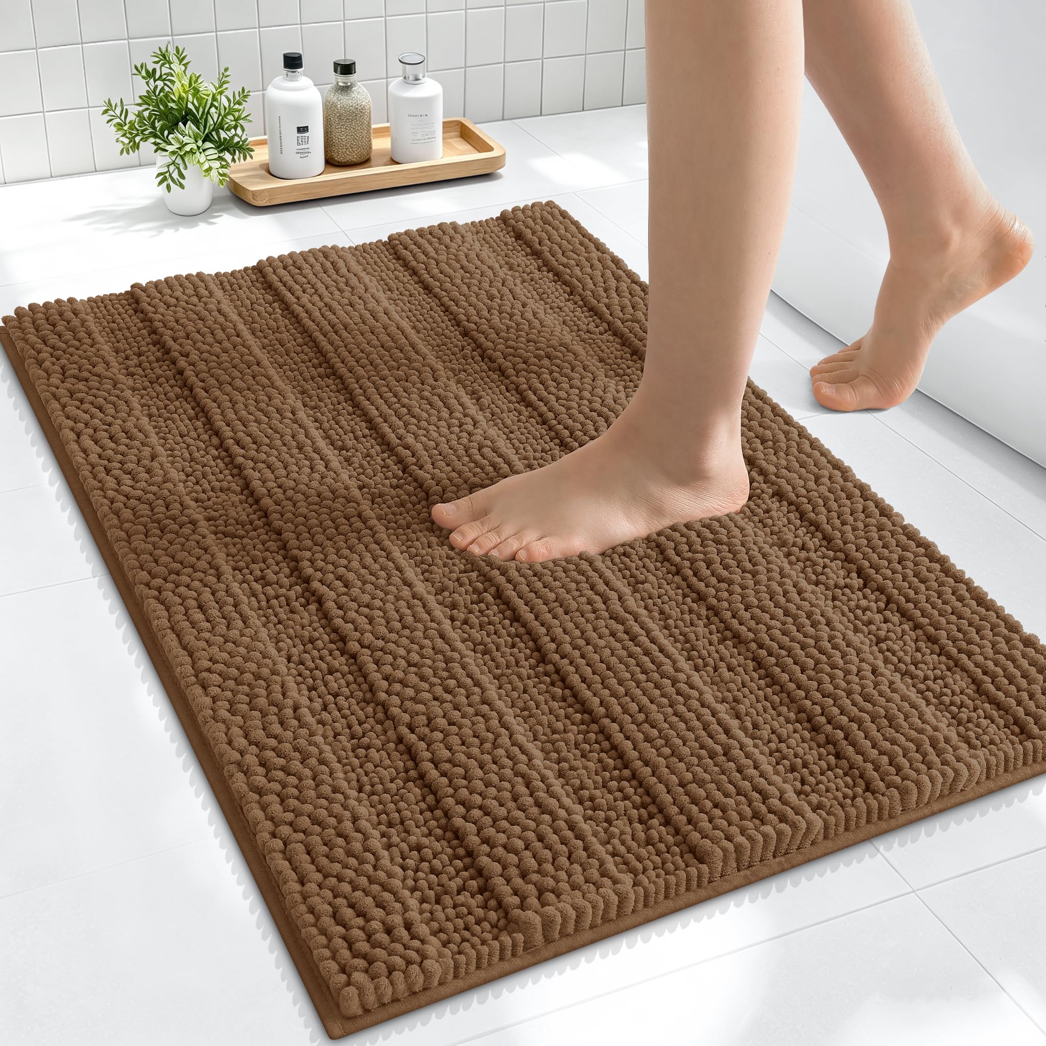 Smiry Thick Small Chenille Bathroom Rugs 24x16, Absorbent Bath Mat, Mocha