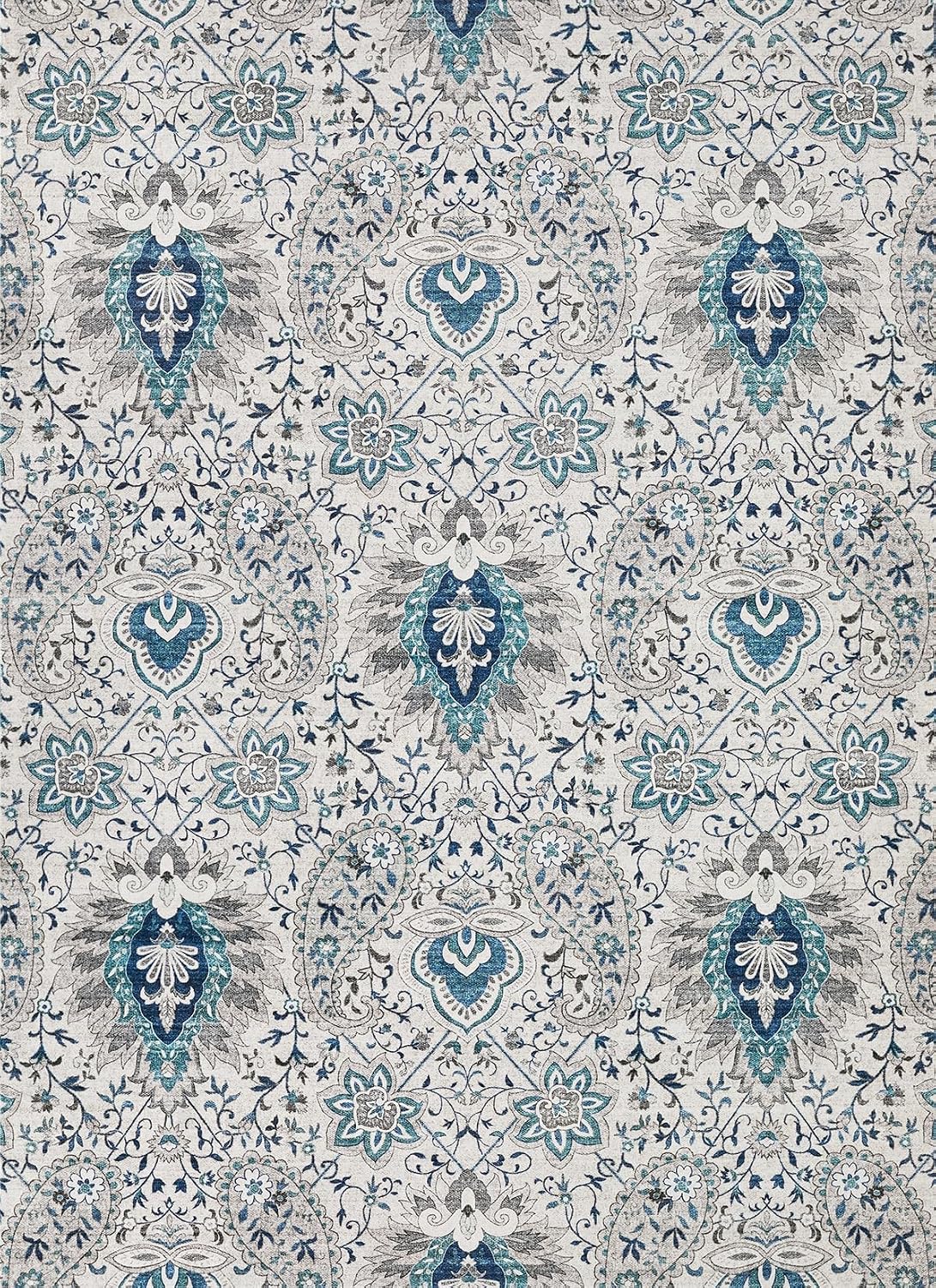 Area Rug Living Room Rugs: 8x10 Machine Washable Soft Boho Rug Chic Glam Paisley Low Pile Indoor Floor Carpet for Bedroom Under Dining Table Home Office House Decor - Blue