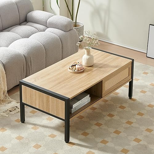 Miniatura 13 de IANIYA Mesa de centro bohemia con almacenamiento, mesa de comedor con cajón de ratán y patas de madera maciza, mesas centrales pequeñas para sala de