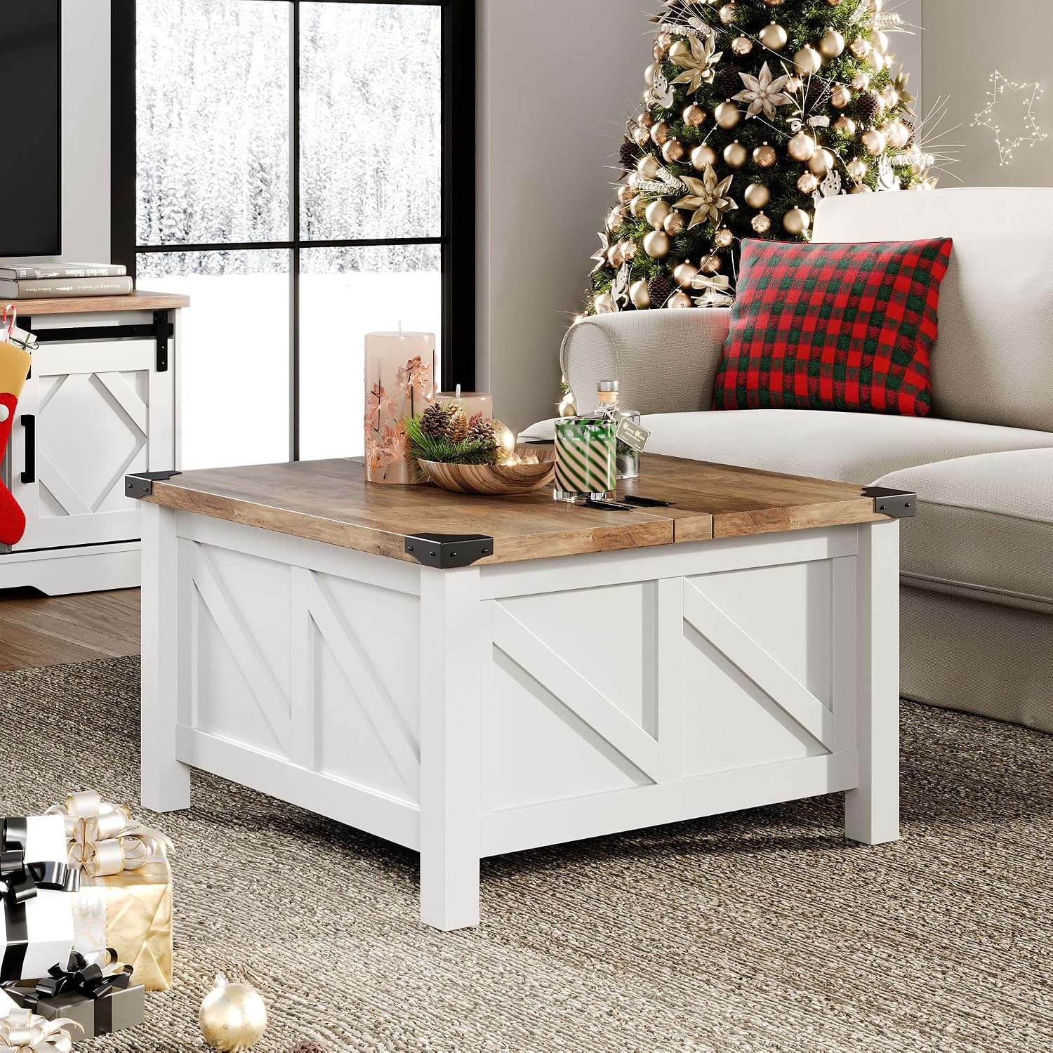 WAMPAT Modern Farmhouse Coffee Table, Square Wood Center Table with Gas Struts Lift-Top for Extra Large Hidden Storage, Metal Bracket Corner, Z-Shaped, White