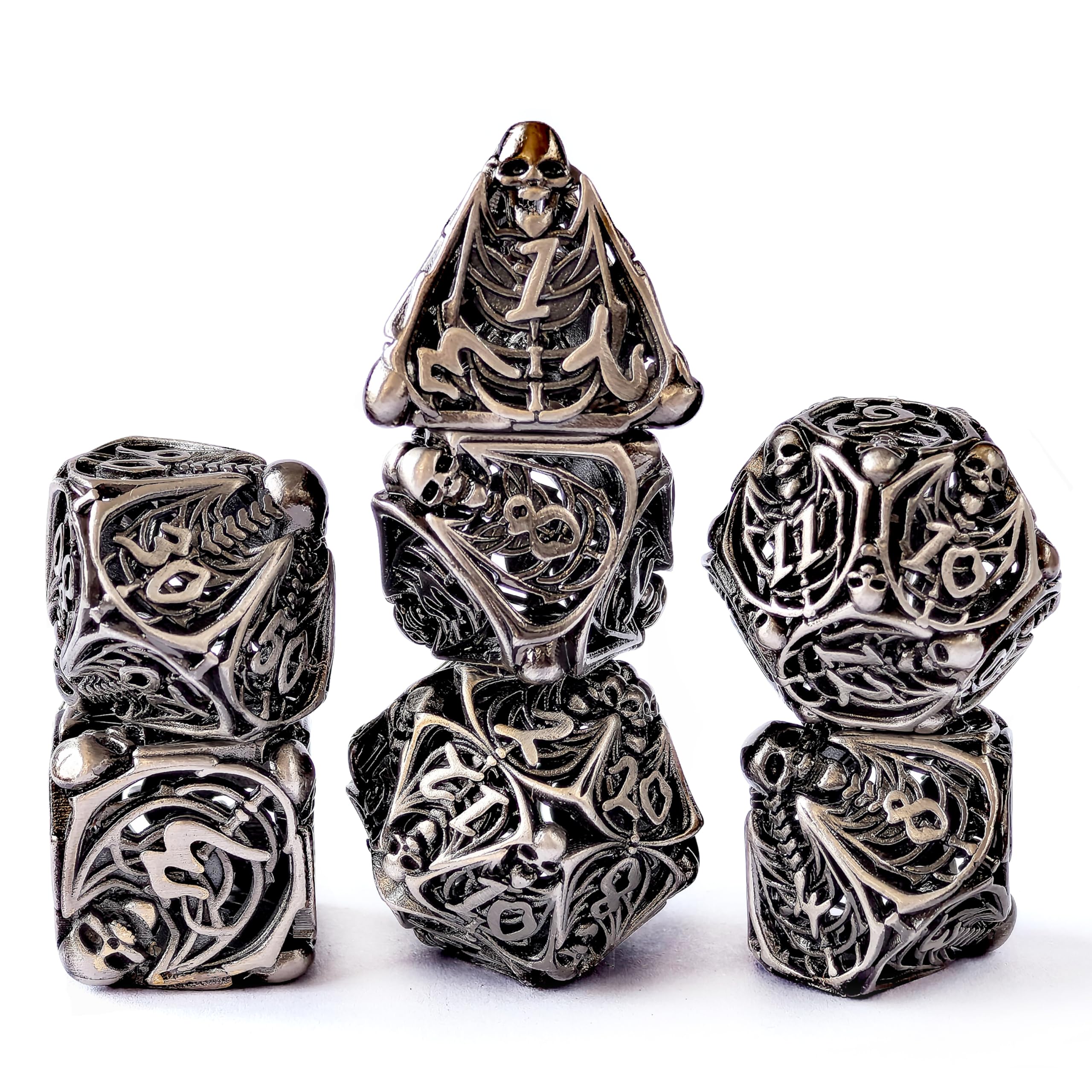 Copper Hollow Polyhedral DND 7pcs Dungeon and Dragon Metal dice with 3D Skull Feature, Hollowed Metal Dice Antique Nickle - Image 2