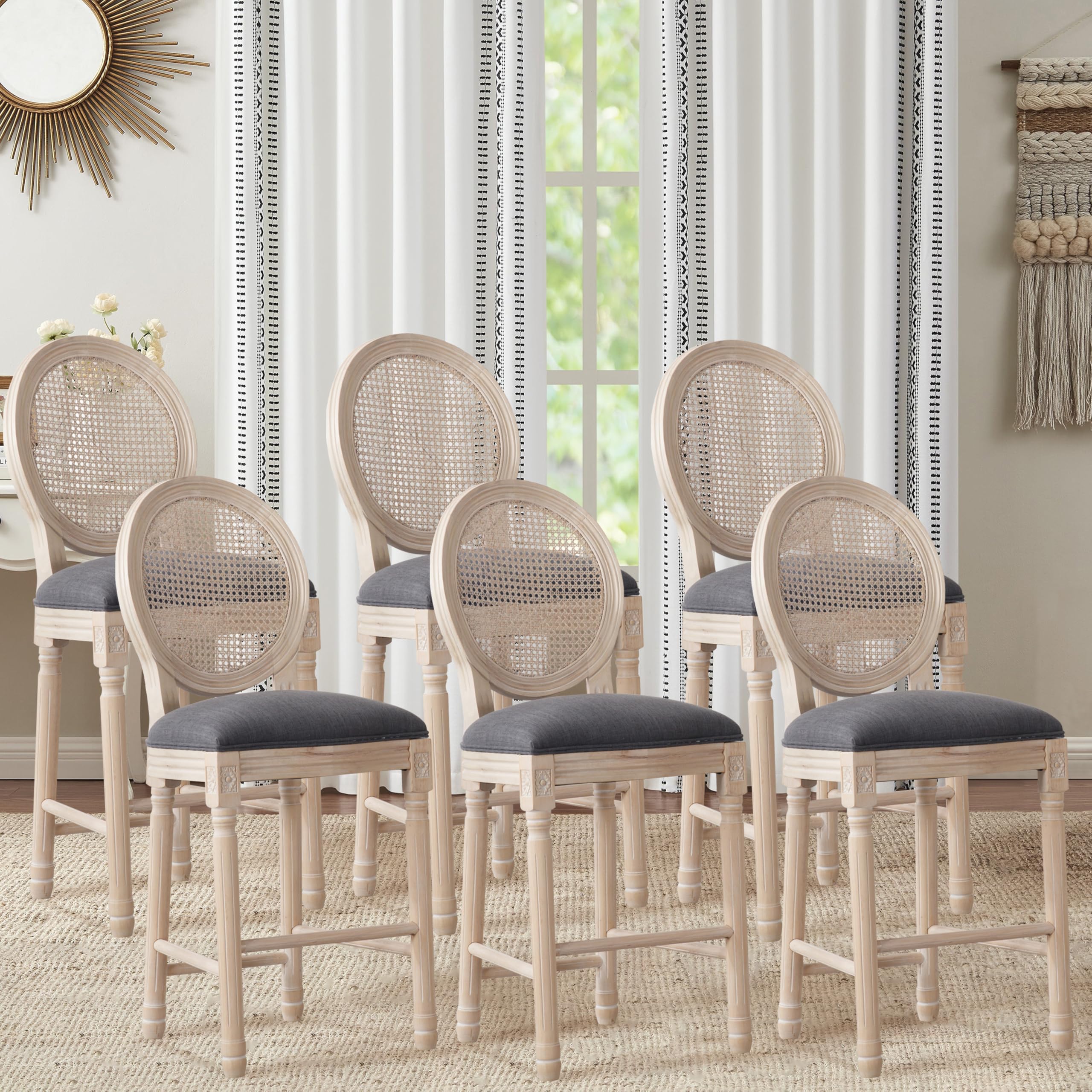 Haplized French Country Bar Stools Set of 6, 26" Seat Height Wooden Barstools with Solid Wood Frame Rattan Back Linen Upholstered Seating, Vintage