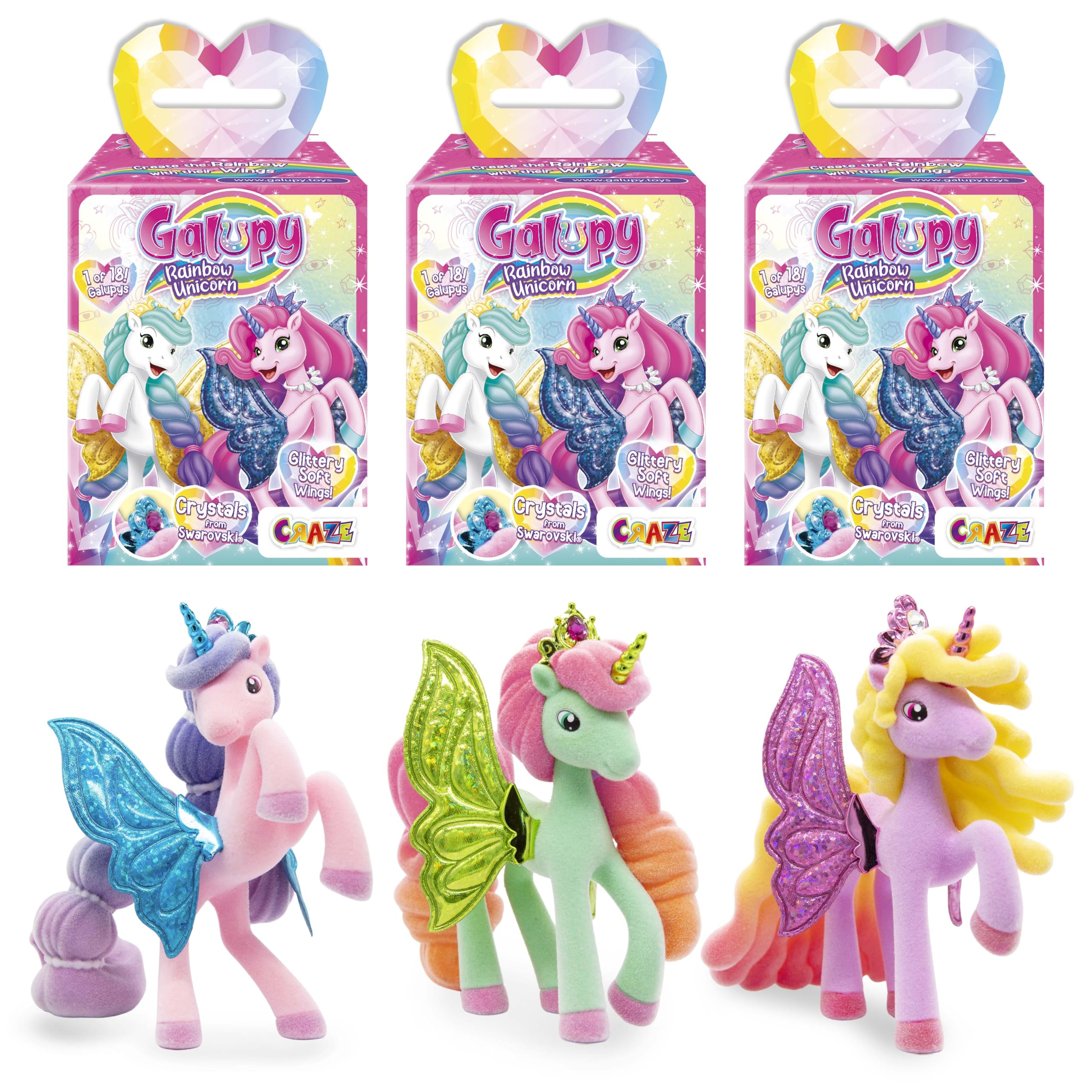 CRAZE GALUPY Rainbow Unicorn Toy Set – 3 Pack Collectable Unicorn Figures with Glitter Wings and Swarovski Crystal – Magical Princess Toys and Gifts for Girls Age 3+