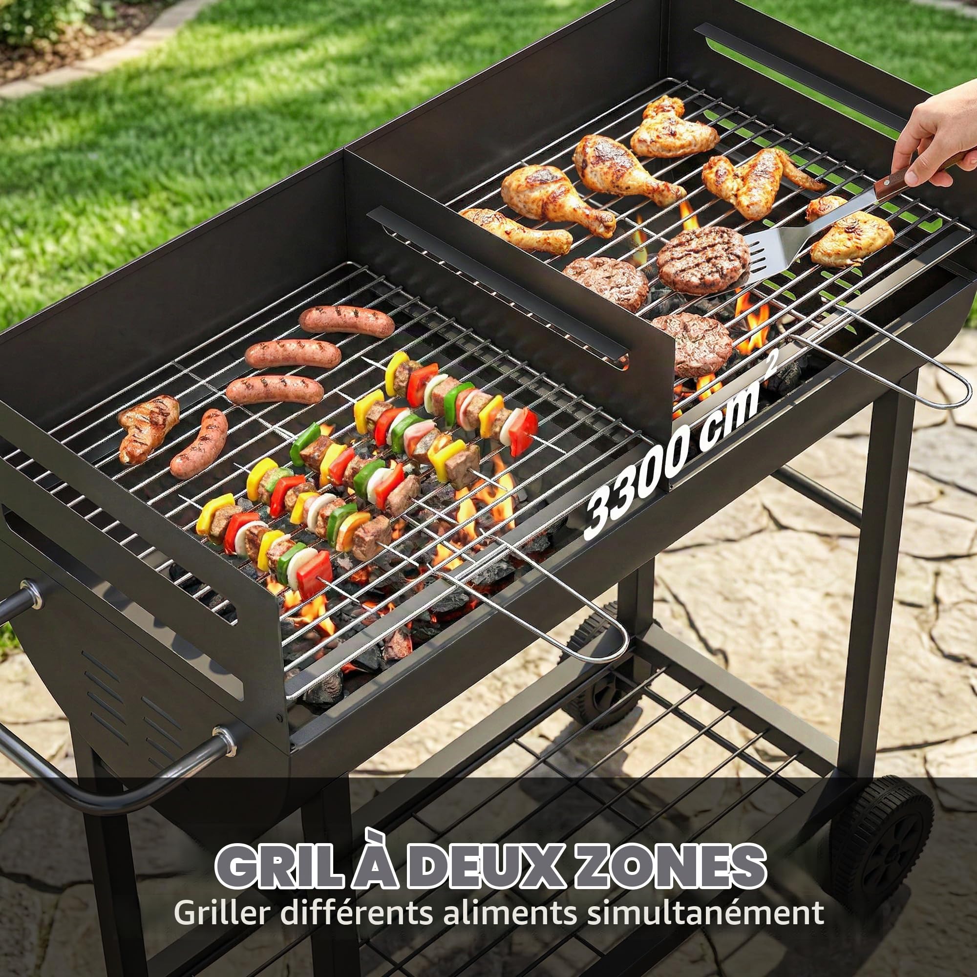 Outsunny Barbecue à charbon de bois avec chariot de barbecue à 2 zones de cuisson, grille réglable en hauteur, étagère en bois, roues, poignée latérale, barbecue à charbon de bois portable pour