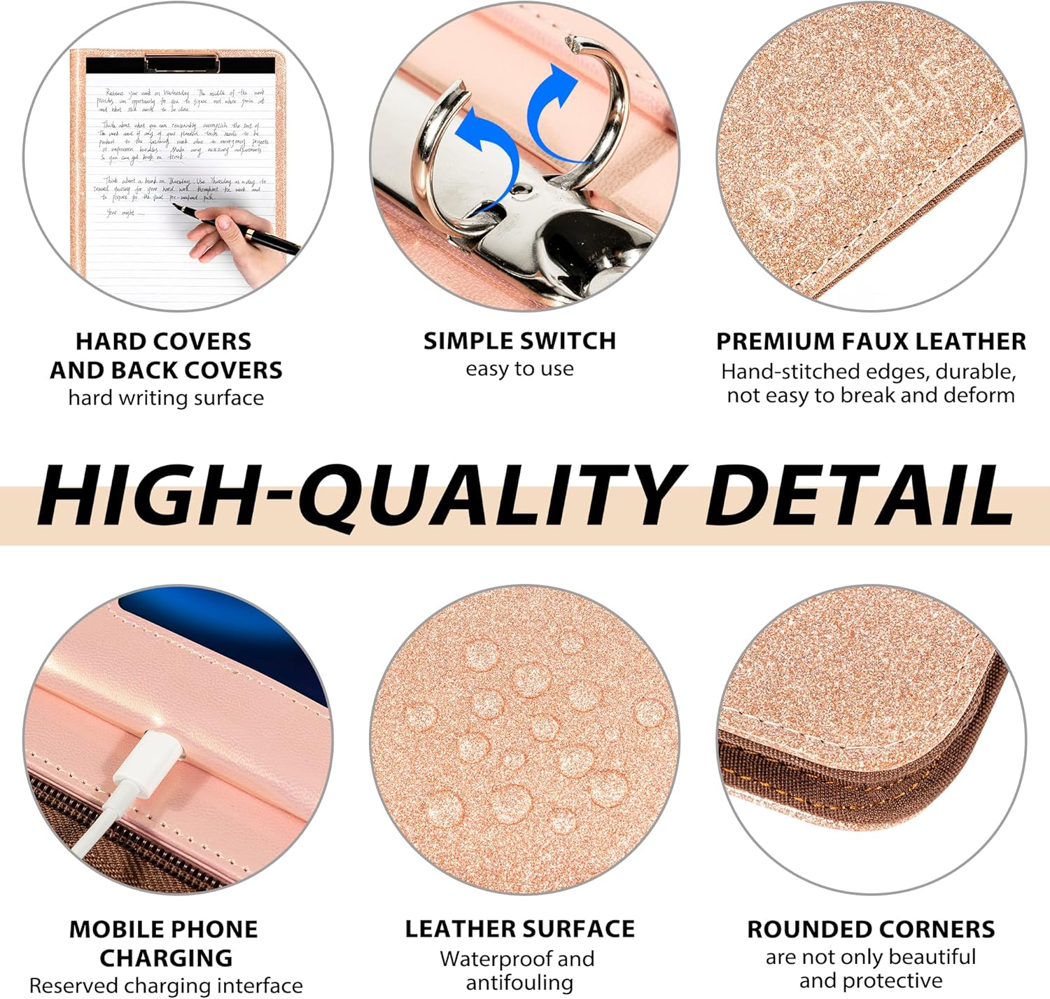 Leather Clipboard with Storage, Zippered Padfolio Portfolio Organizer, 3 Ring Binder 1 Inch, Notepad, Tablet Sleeve, 5 Dividers with Pocket, Stickets for Office, Nurses, Students, Teachers Rose Gold - Image 5