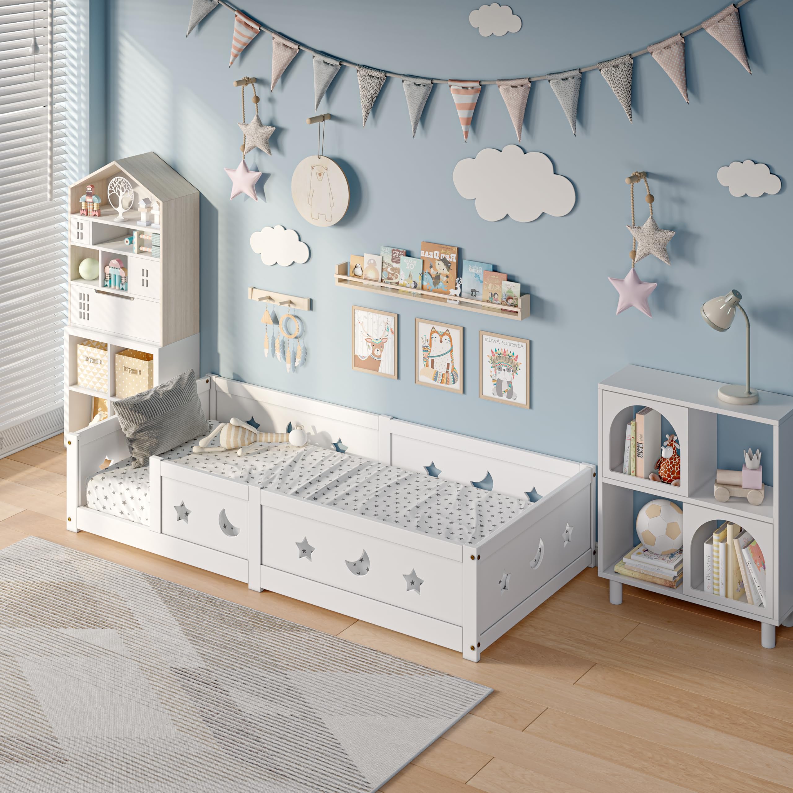 BestAlice Montessori - Lettino da pavimento 90 x 200 cm, con protezione anti-caduta e rete a doghe, letto singolo, in legno di pino massiccio, per bambini, senza materasso, colore: bianco