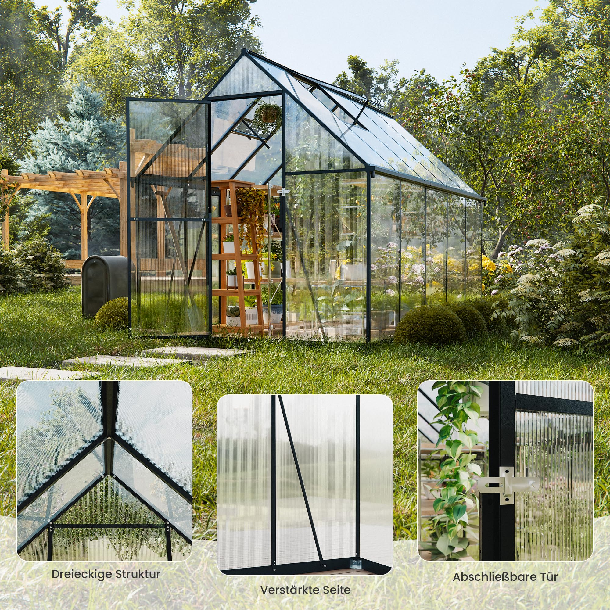 ALAULM Polycarbonat-Gewächshaus 175x281x195cm, mit abschließbarer Tür, Satteldach, Lüftungsfenster & Regenrinnen, Wetterfest für Terrasse & Garten (Schwarz)