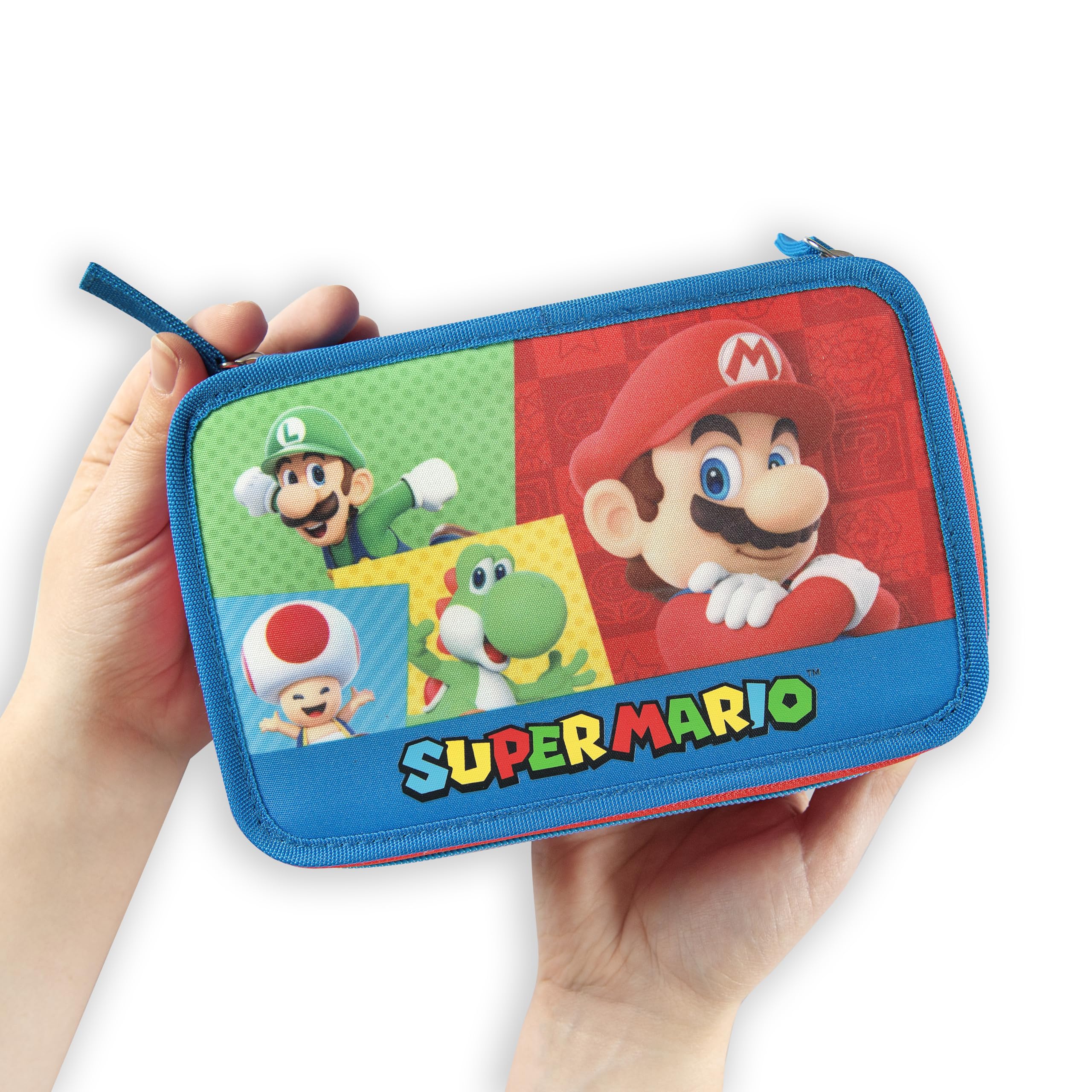 Franco Cosimo Panini Super Mario - Trousse d'école Officielle Super Mario, Trousse 3 Compartiments Enfant et Fille avec kit de Papeterie, Stylo effaçable Bleu et Pratique Fermeture à glissière, 20 x