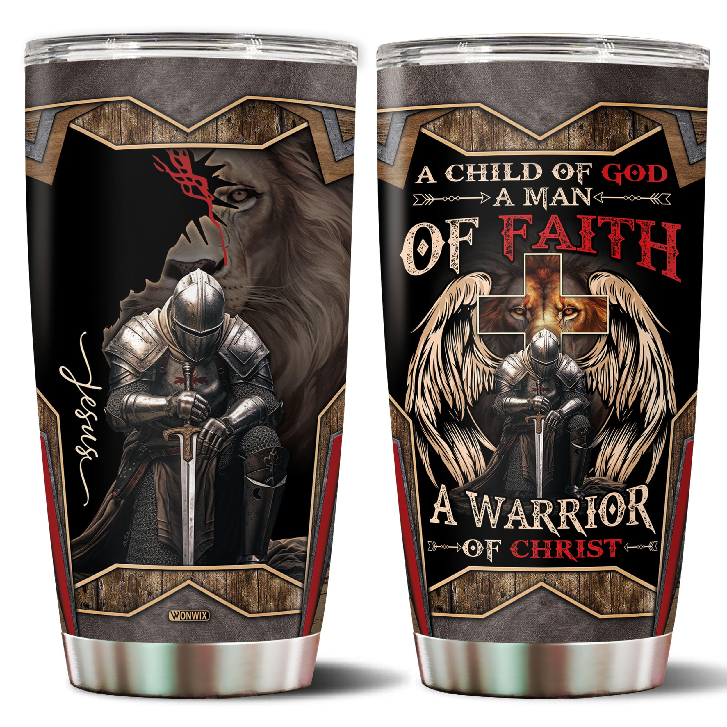 WONWIX A Child of God Man of Faith Warrior of Chirst Jesus Tumbler 20oz Stainless Steel Cups with Lid Travel Mug Coffee Cup Christian Gifts For Men Dad Husband Grandpa Christmas Birthday Fathers Day — image 1