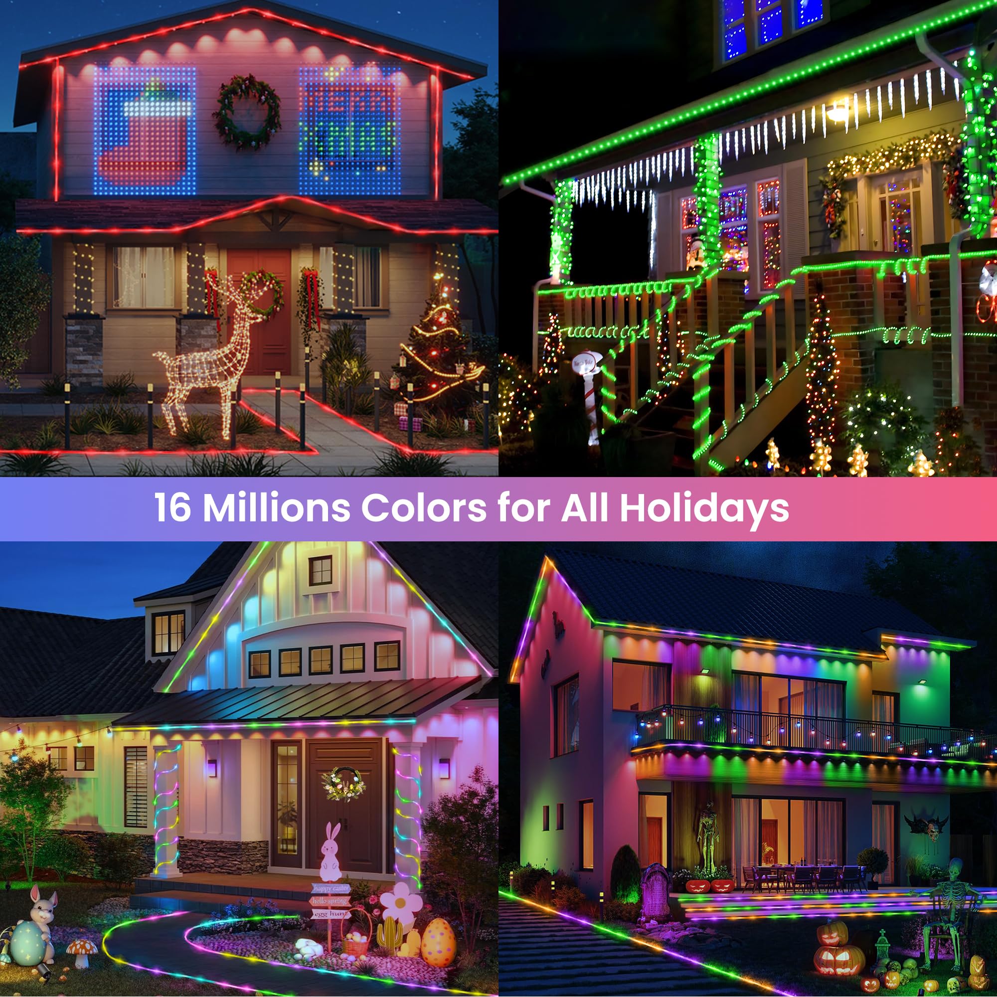 Jnaurb Tira de luces RGB que cambian de color para exteriores, 66 pies, 200 luces LED inteligentes con control remoto y aplicación, iluminación de cuerda de sincronización de música impermeable, tubo