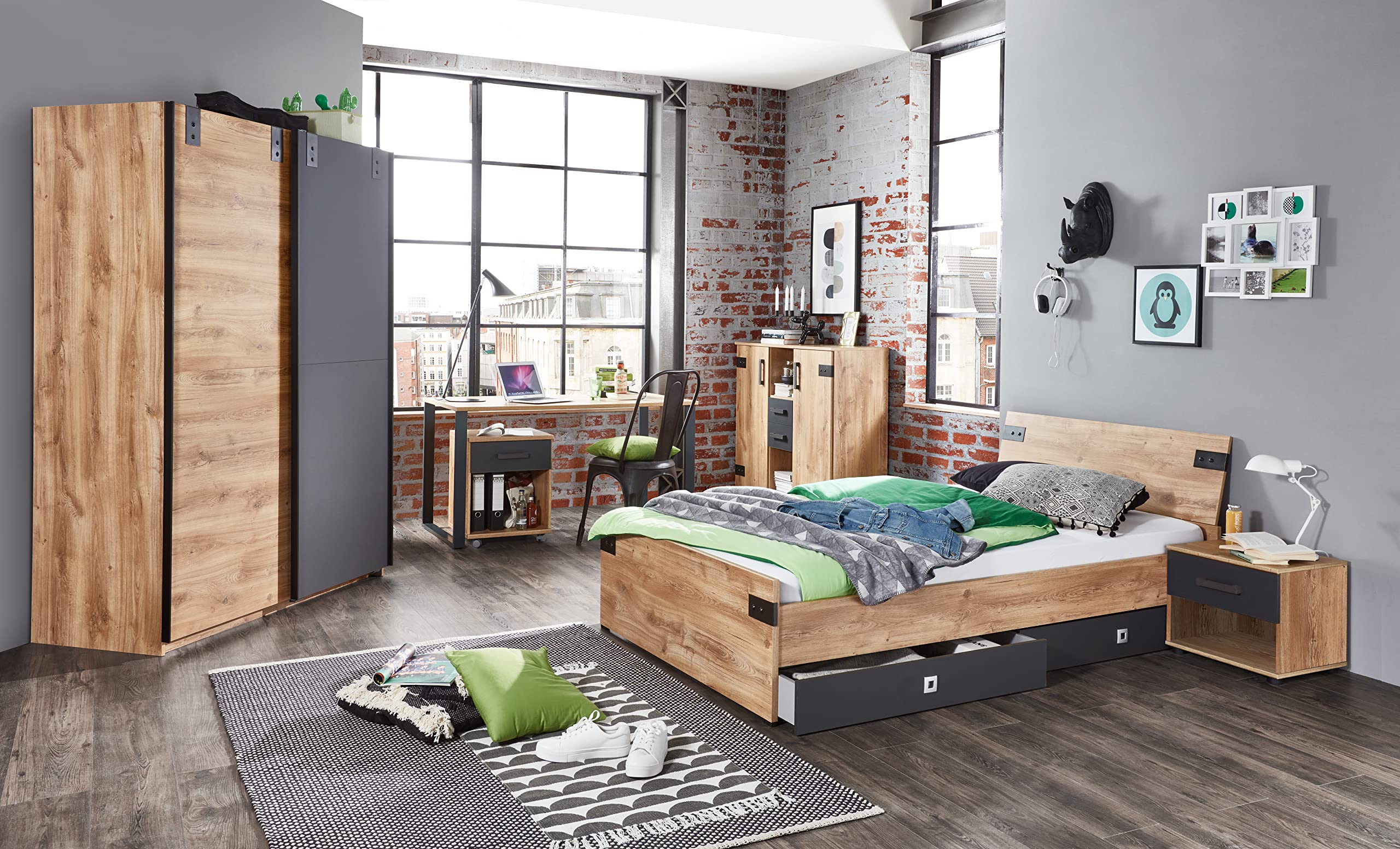 Generisch Jugendzimmer Liverpool in Plankeneiche mit Absetzungen in Graphit