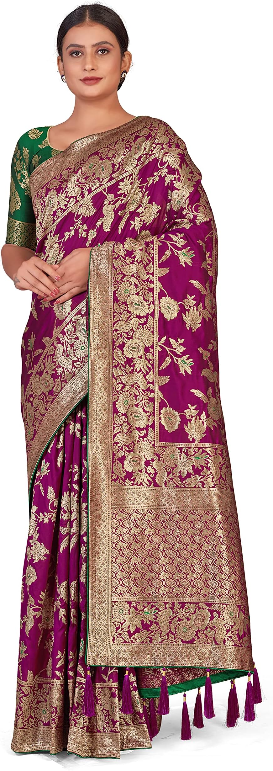 Monjolika FashionWomen's Banarasi Silk Blend Woven Zari With Tussles Saree and Jacquard Woven Blouse Piece (37765 color)