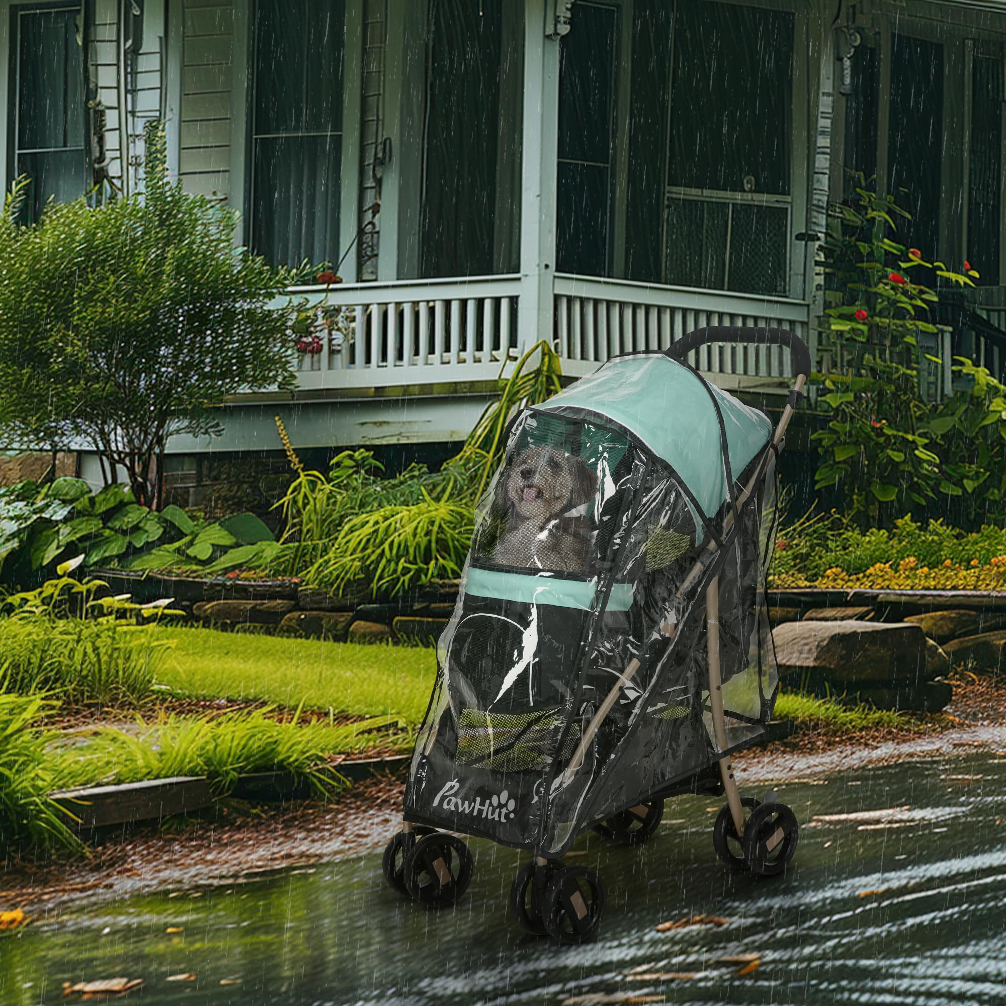 PawHut Passeggino per Cani Piccoli e Mini, Passeggino per Animali Pieghevole con Copertura Antipioggia, Cestino e Guinzaglio Integrato, Verde