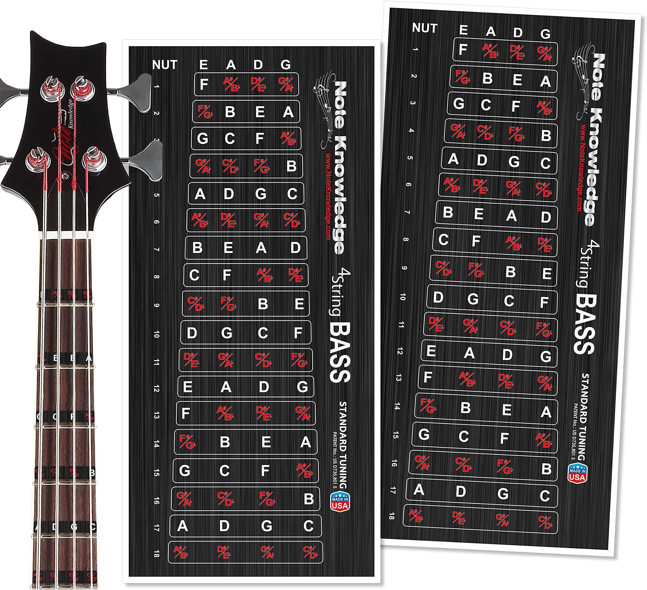 Bass Guitar Fretboard Note Map Decals/Stickers for Learning Notes, Chords & Scales.