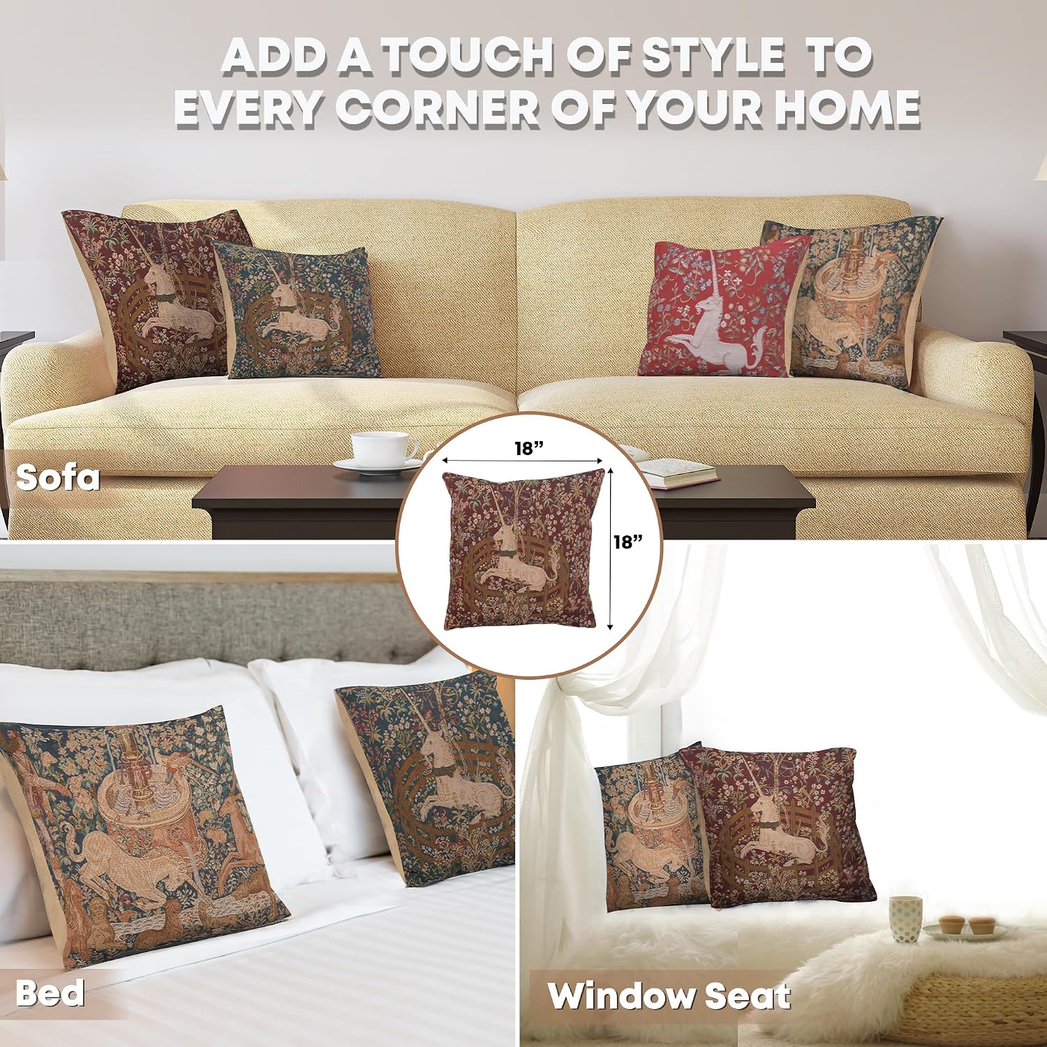 Charlotte Home Furnishings Decorative Pillow Covers for Couch 18X18 in Unicorn Throw Pillow Covers for Sofa Tapestry Square Pillow Cases for Bed Living Room Soft European Cotton Jacquard Woven