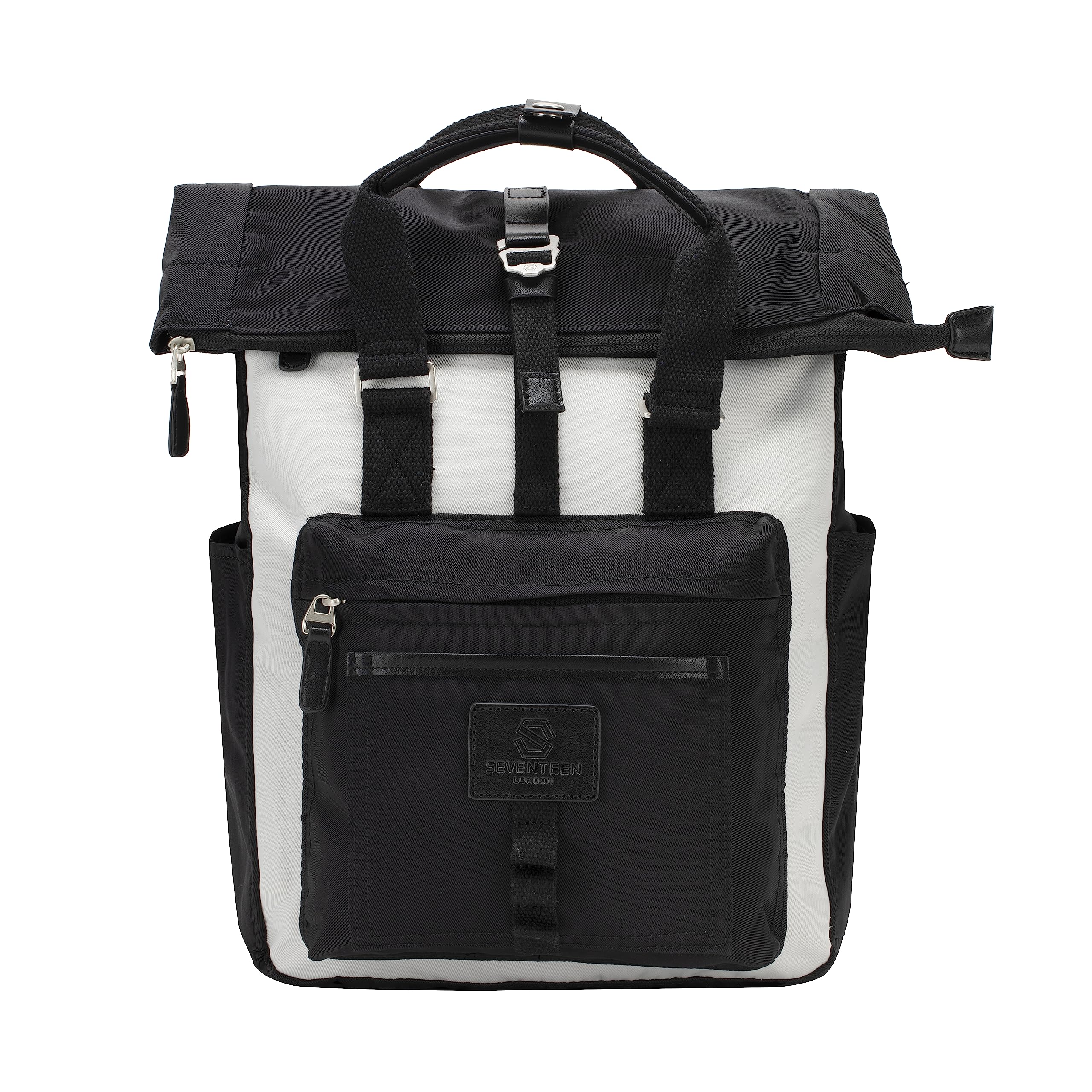 SEVENTEEN LONDON – Modern Cycling Black & Cream 'Canary Wharf' Fold Roll Top Backpack in a Classic Slim Urban Design – Fits Laptops up to 15"