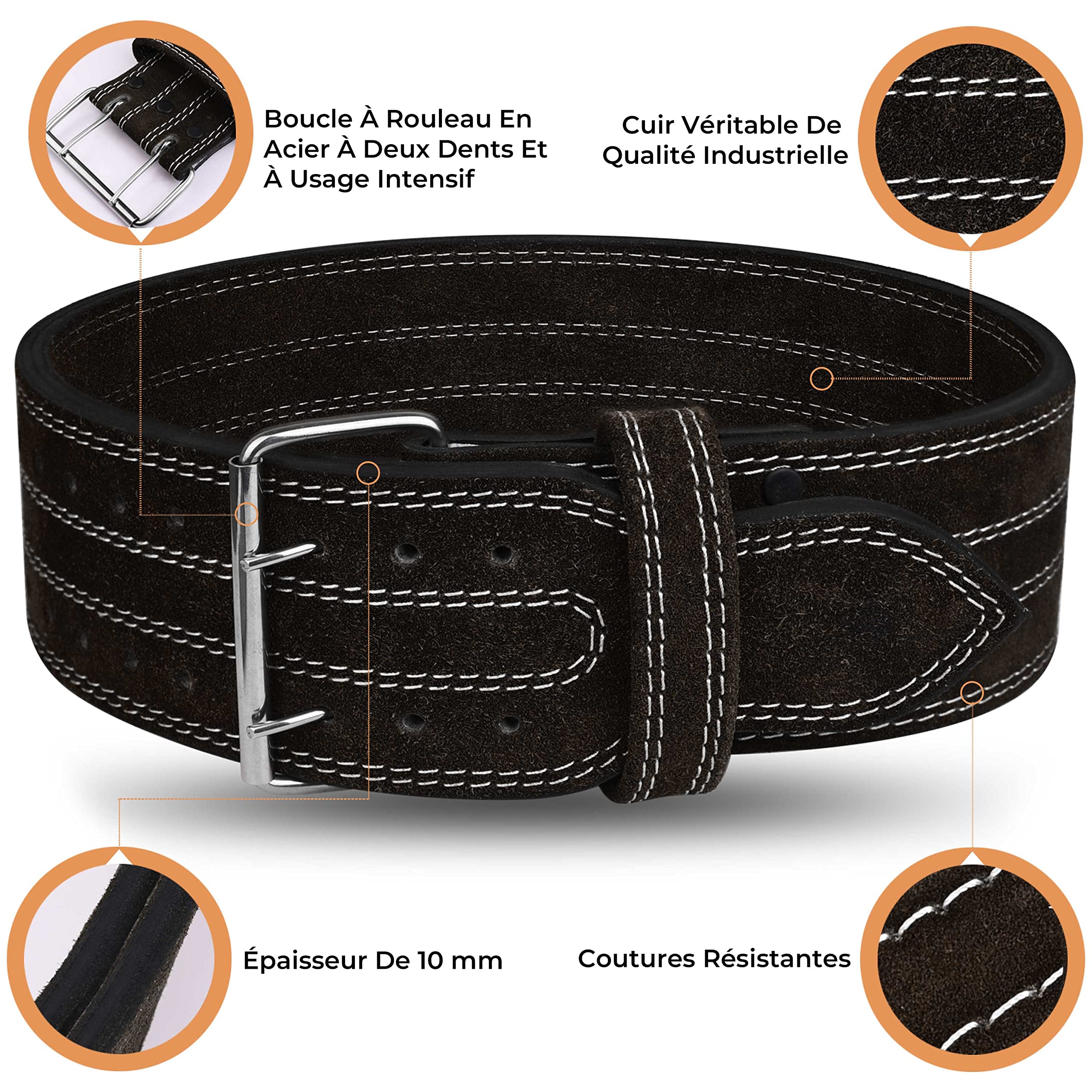 AQF Ceinture Musculation, 4” 10mm Cuir, Boucle à Rouleau & Support Lombaire