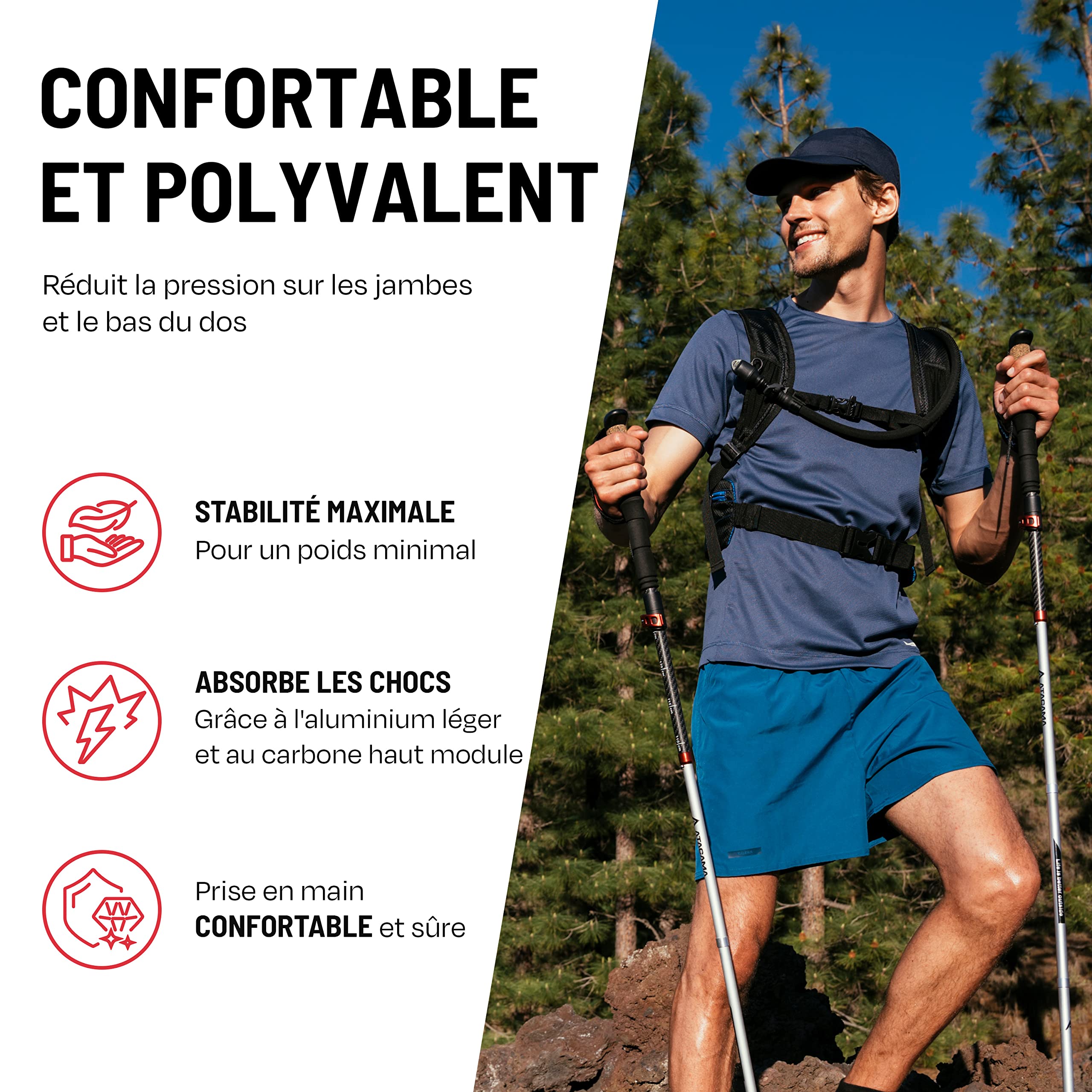 ATACAMA Bâtons de Randonnée Nordique – ultralégers, Pliables & télescopiques – Fibre de Carbone, poignées en liège – bâtons de Marche pour Homme & Femme (63–135 cm)