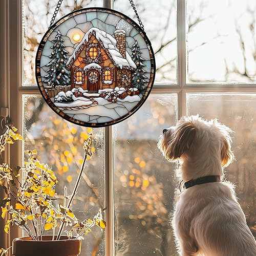 Miniatura 2 de Atrapasoles de Vidrio Manchado para Colgar en Ventanas - Atrapasoles de Árbol de Navidad y Cabaña para Puerta, Jardín, Hogar, Decoración de