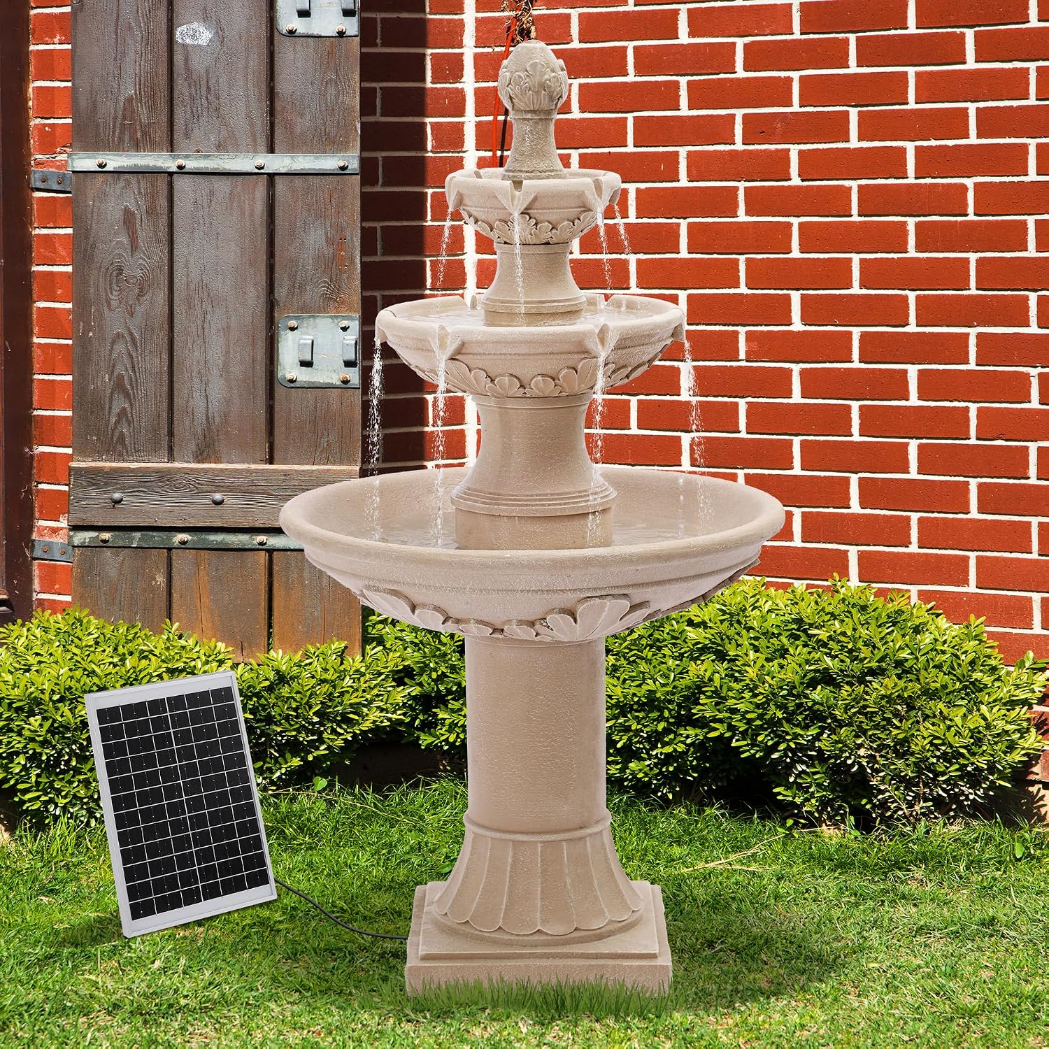 TITIMO 48.4" High Solar Italian Feature Freestanding Water Fountain Outdoor and Indoor,3-Tier Roman Pillar Waterfalls Fountains with Solar Panel for Garden,Patio,Yard,Deck,Backyard,Porch