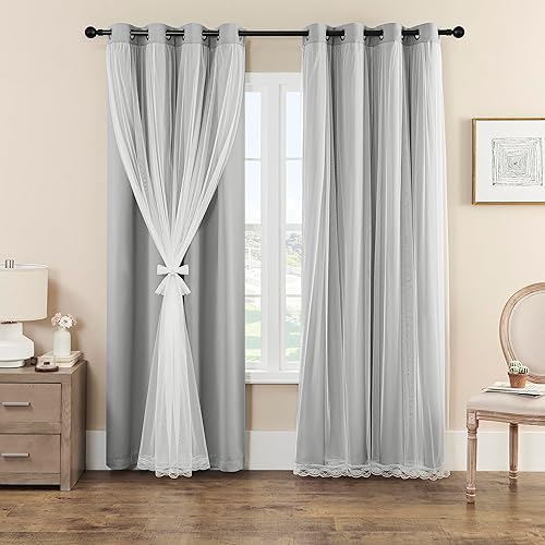 Cortinas opacas del 90% al 95% con transparente aplastado, juego de 2 paneles de cortina parte superior con ojales plateados antiguos, gris claro,