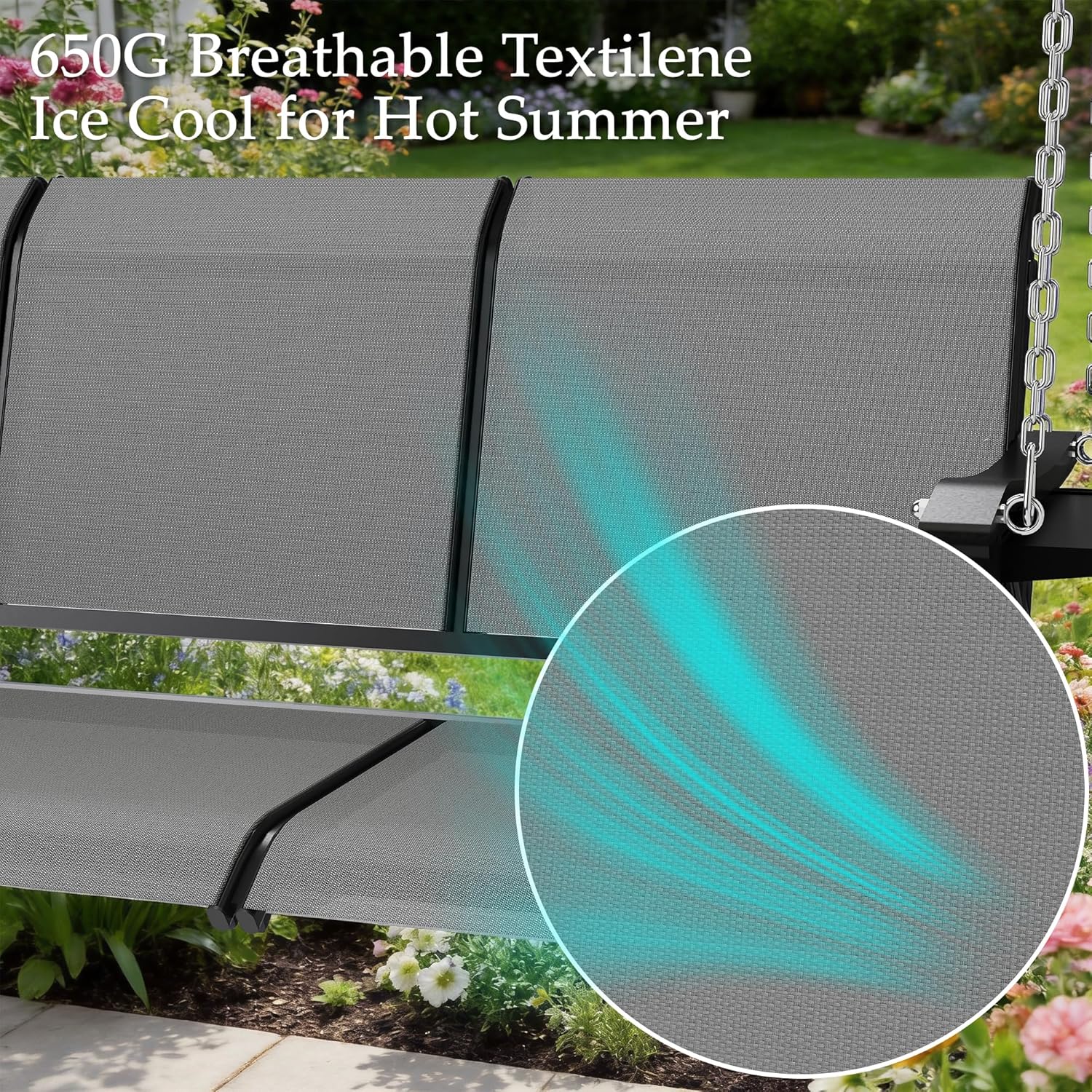 HOMREST Textilene 3 Seat Porch Swing with Cup Holder, 5.3FT Patio Hanging Swing Bench, 700lbs Capacity Outdoor Porch Swing with Hanging Chains for Deck Garden Backyard (Gray)