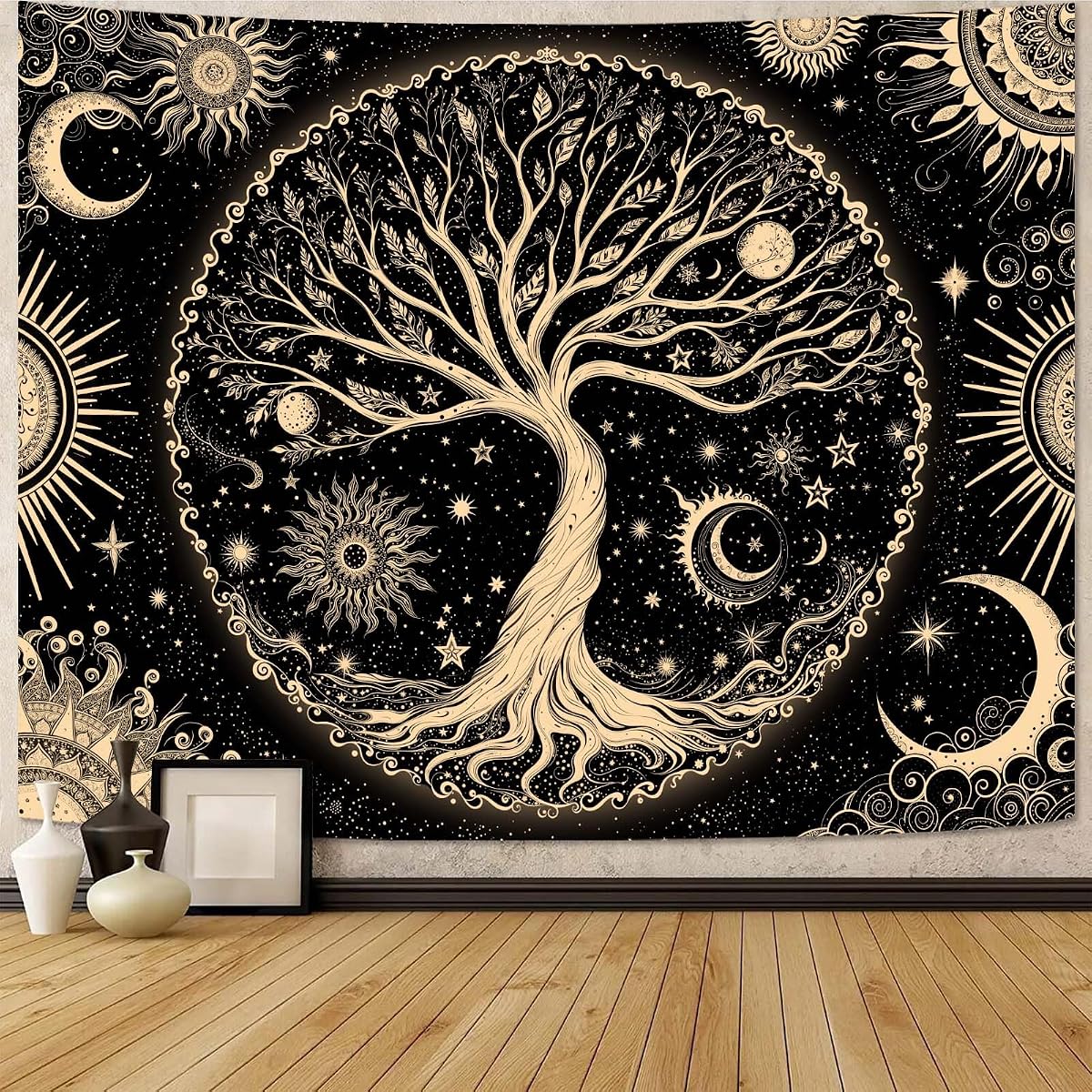 Spenlife Tapiz de árbol de la vida, tapiz de pared con árbol de sol y luna, tapices vintage para dormitorio, tapices de mandala para colgar en la pared, decoración de dormitorio, sala de estar, árbol-1 44 x 60 pulgadas