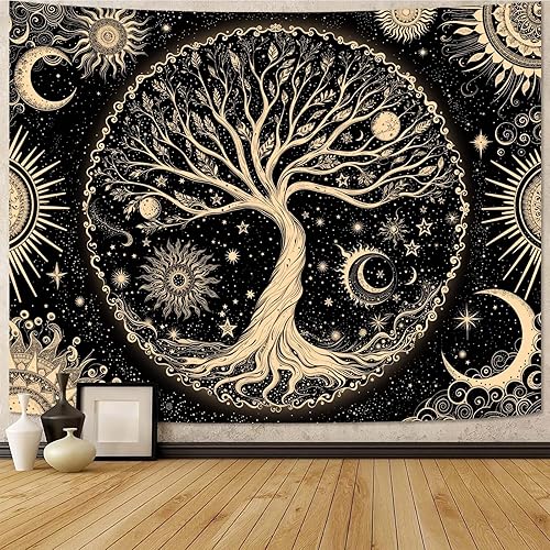 Miniatura 11 de Spenlife Tapiz del Árbol de la Vida en Blanco y Negro para Dormitorio, Tapices Espirituales Estéticos, Tapices de Árbol Estéticos, Tapiz Estético