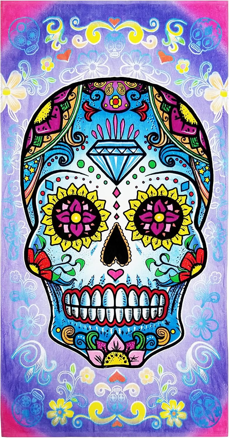 Rockin Towel Sugar Skull Beach Towels 30" x 60" Soft Cotton Velour Beautiful Novelty Fun Towels for Men & Women, Skull Beach Towel (1)