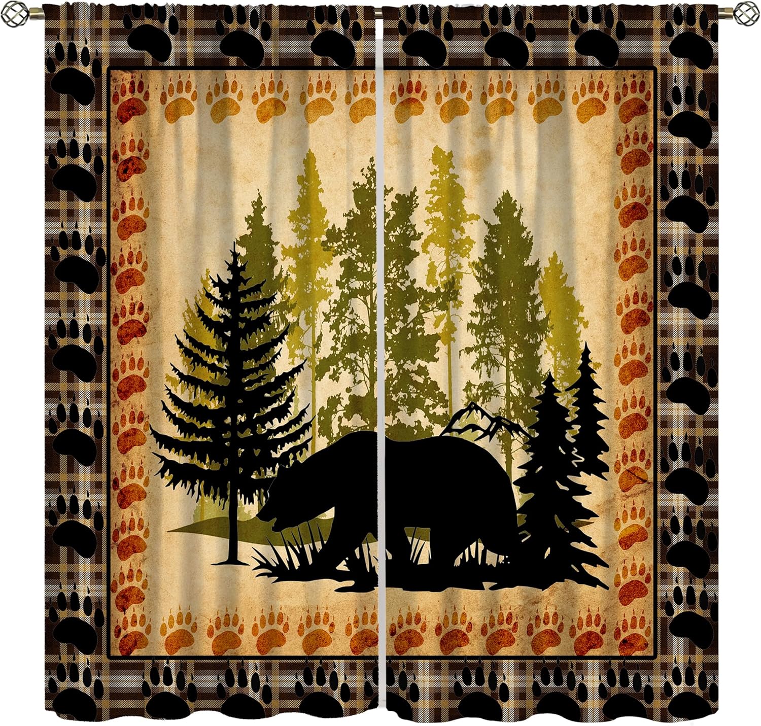 Retro Bear Blackout Curtains Old Retro Country Farmhouse Brown Plaid Forest Camping Hunting Bear Animals Windows Treatments Rod Pocket Drapes for Boys Living Room Bedroom Kitchen 42x54In