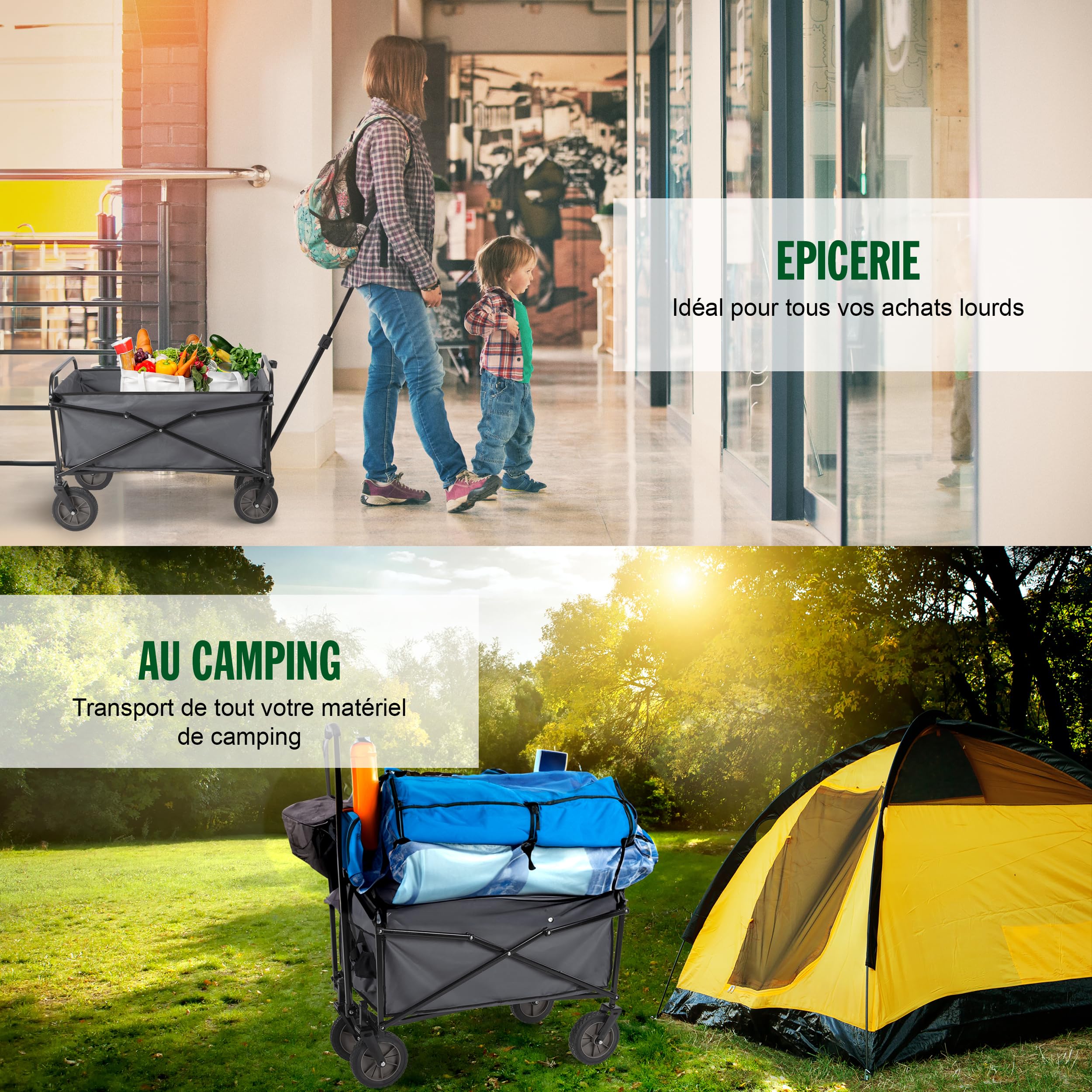 Chariot de Plage Pliable - Pliable jusqu'à 70kg - pour Camping et Festivals - Tout Terrain Réglable en Hauteur - 82 x 52 x 63 cm - Noir