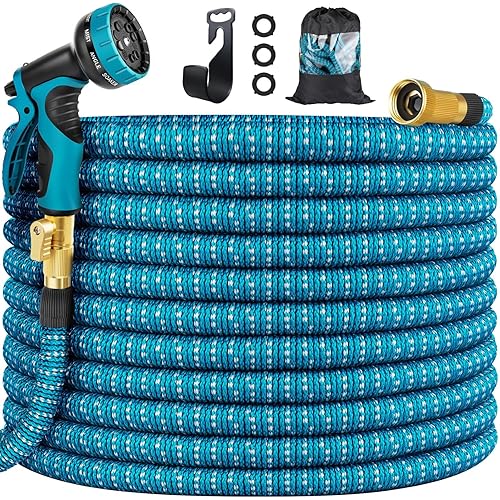 75FT Garden Hose Water Hose with 10 Function Nozzle, Leakproof Lightweight Water Hose with Solid Brass Fittings, Extra Strength 3750D Durable Gardening Flexible Hose Pipe, White & Blue