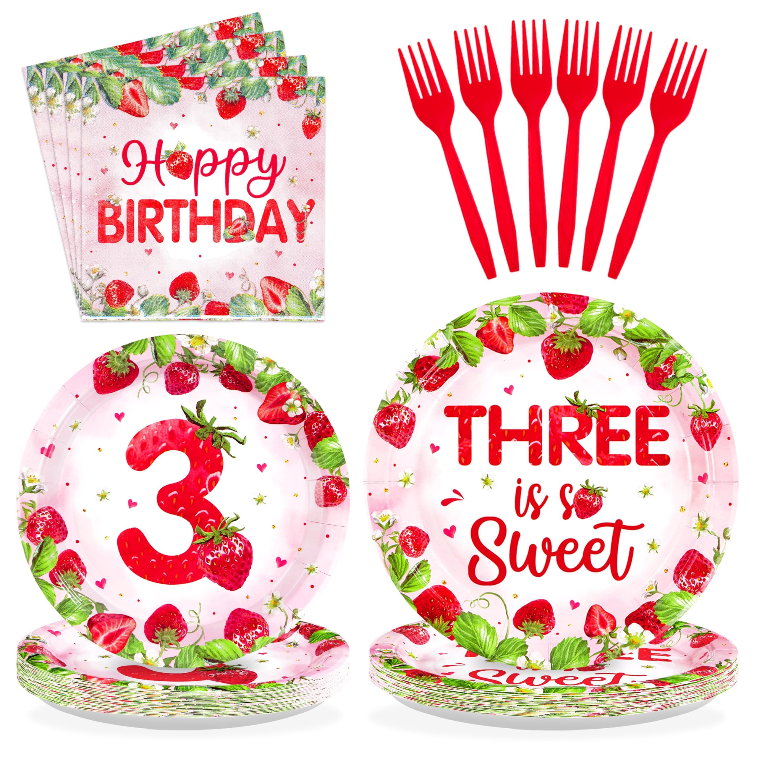 Grencian 96Pcs Strawberry 3rd Birthday Party Supplies Serves 24