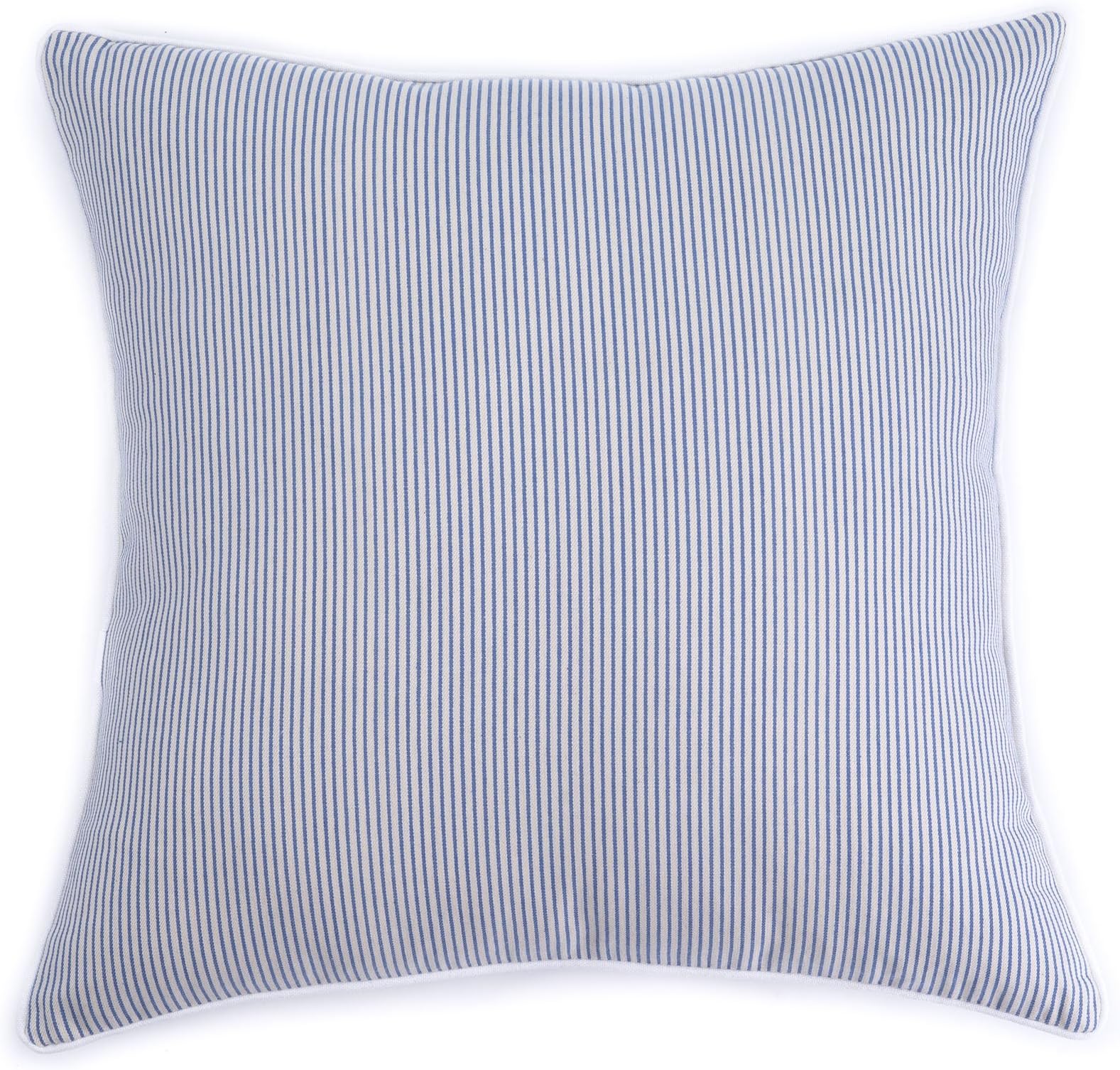 Homier Blue Striped Cotton Decorative Pillow Cover Throw Cushion Case for Sofa Couch - Sky Blue/Stone Blue Narrow Stripes with Stripe Accent PIping - 100% Cotton, 20 x 20 Inches