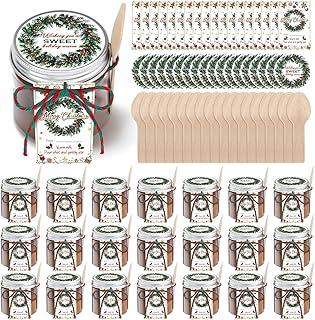 Chunful 48 Set Christmas Hot Chocolate Favors 3.4 oz Plastic Clear Jars with Lid Thank You Tag Wooden Spoon and String Cocoa Bar Containers Supplies DIY Cocoa Shot Gift for Christmas Winter Party