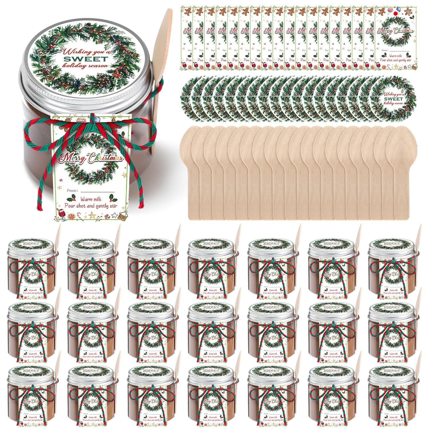 Chunful 48 Set Christmas Hot Chocolate Favors 3.4 oz Plastic Clear Jars with Lid Thank You Tag Wooden Spoon and String Cocoa Bar Containers Supplies DIY Cocoa Shot Gift for Christmas Winter Party