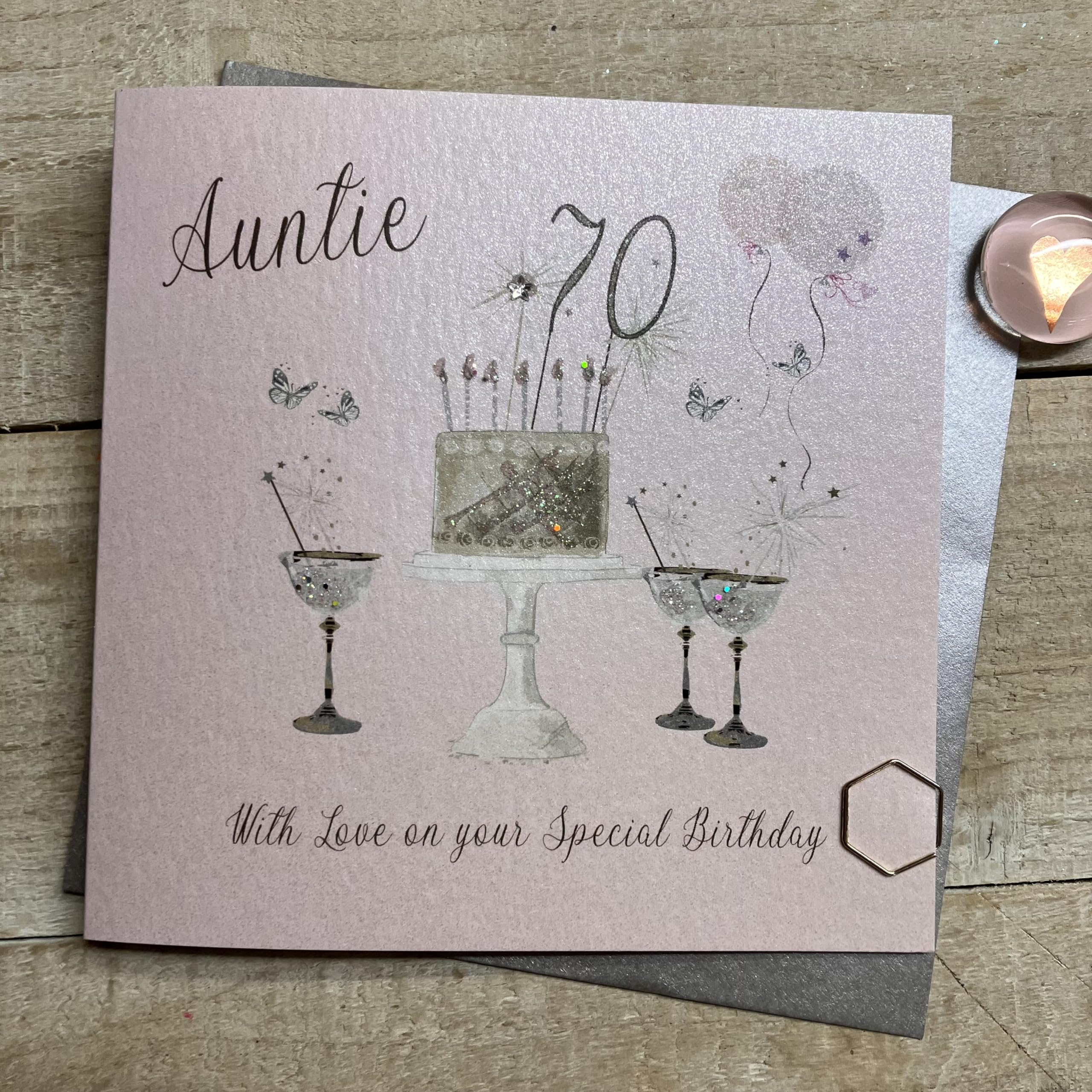 WHITE COTTON CARDS Happy 70th Birthday Card Auntie Champagne Glasses Pink & Gold Sparkly Cake SS42-AIE70