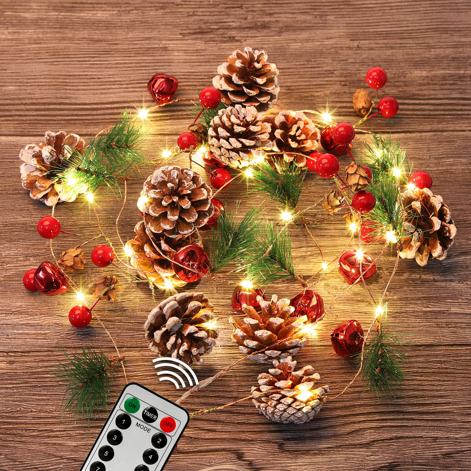 Guirnalda de Navidad, guirnalda de 30 luces LED de cono de pino de bayas rojas, decoración de árbol de Navidad, guirnalda de Navidad con luces, decoraciones de Navidad para interiores para decoración