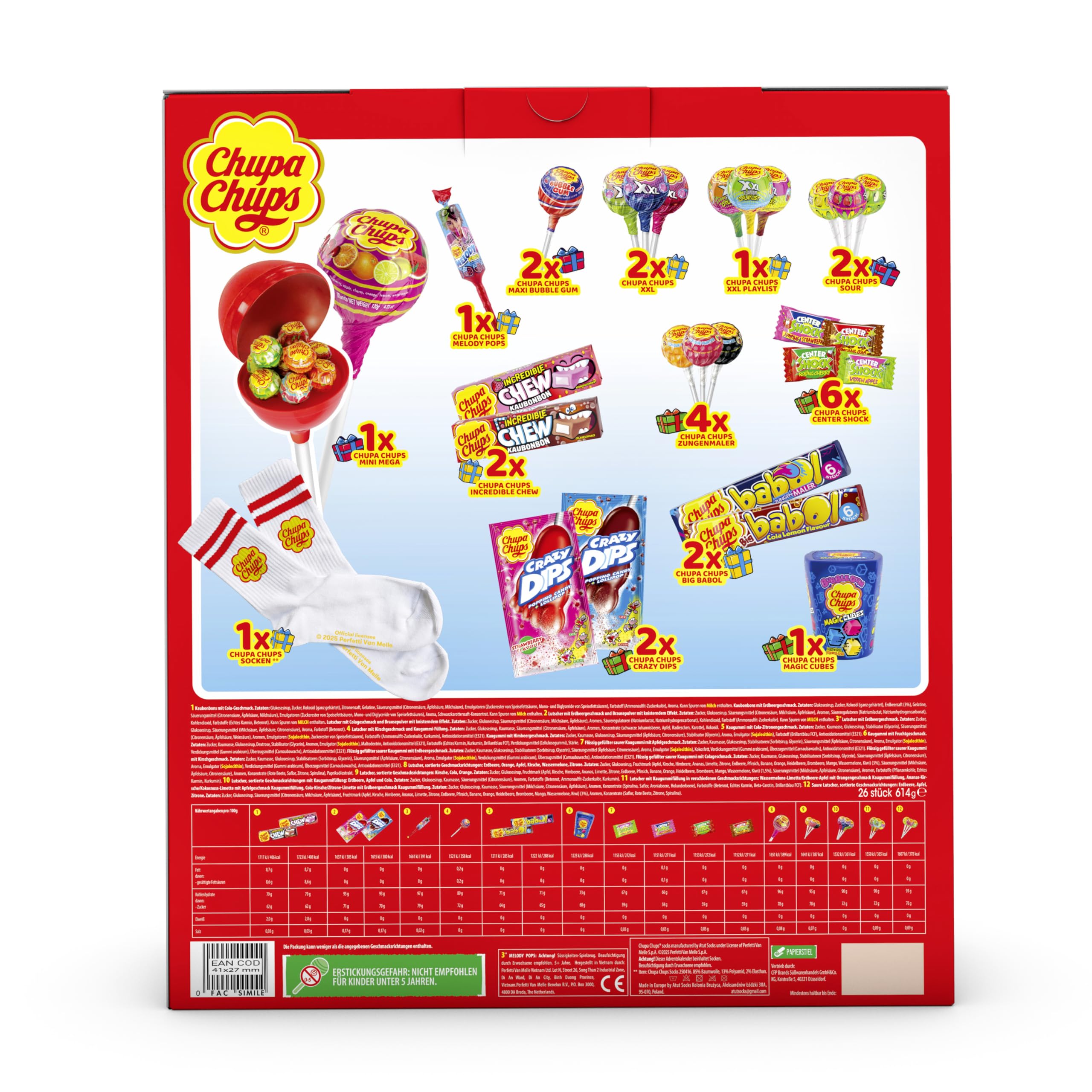 Chupa Chups XXL Adventskalender 2025, Weihnachts-Kalender mit 24 Türchen, Lutscher & Kaugummi, Süßigkeiten, geeignet für Kinder und Erwachsene, 1x614g