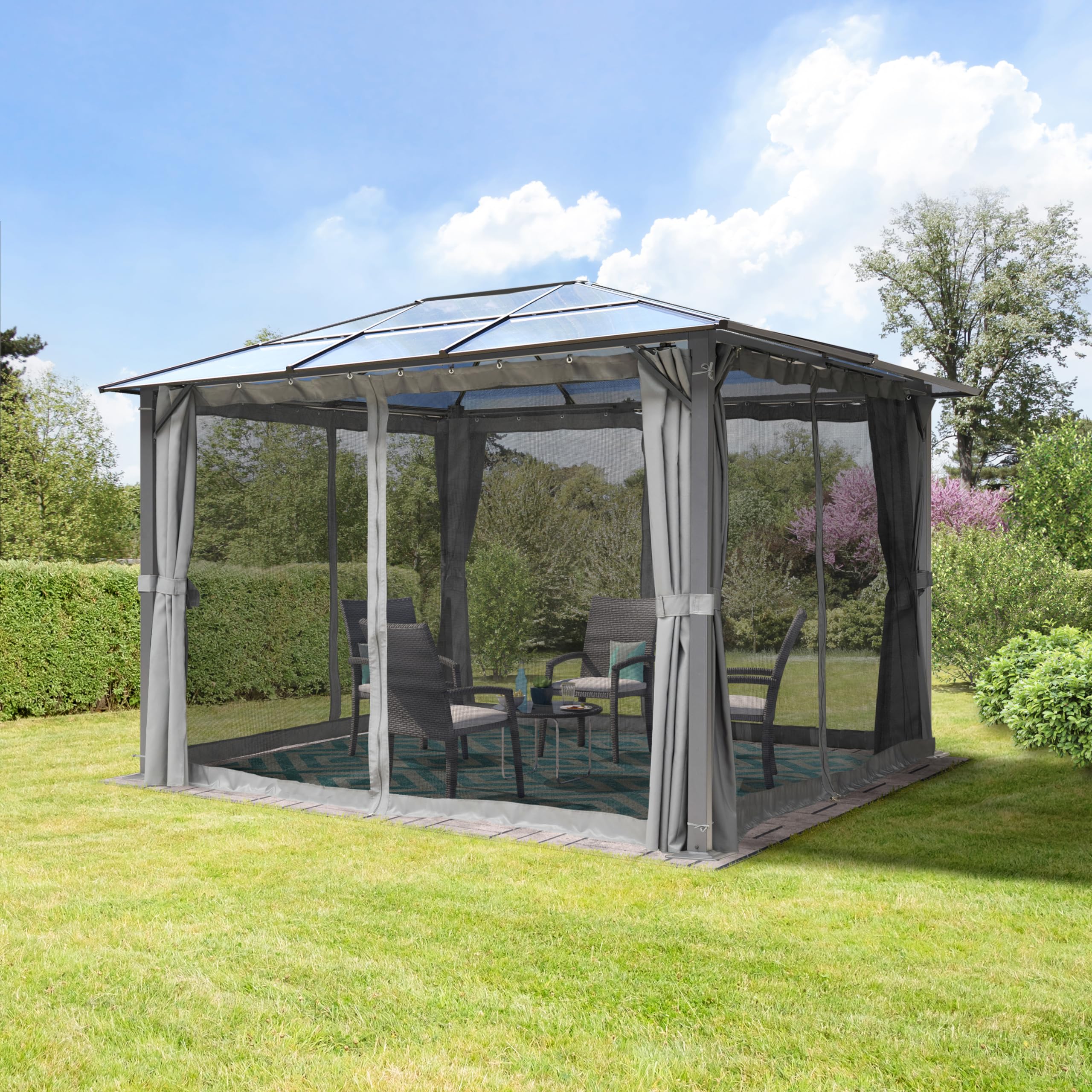 TOOLPORT Tonnelle de Jardin 3x3,65 m Panneaux de Polycarbonate d'env. 6 mm avec parois latérales et moustiquaires en Gris