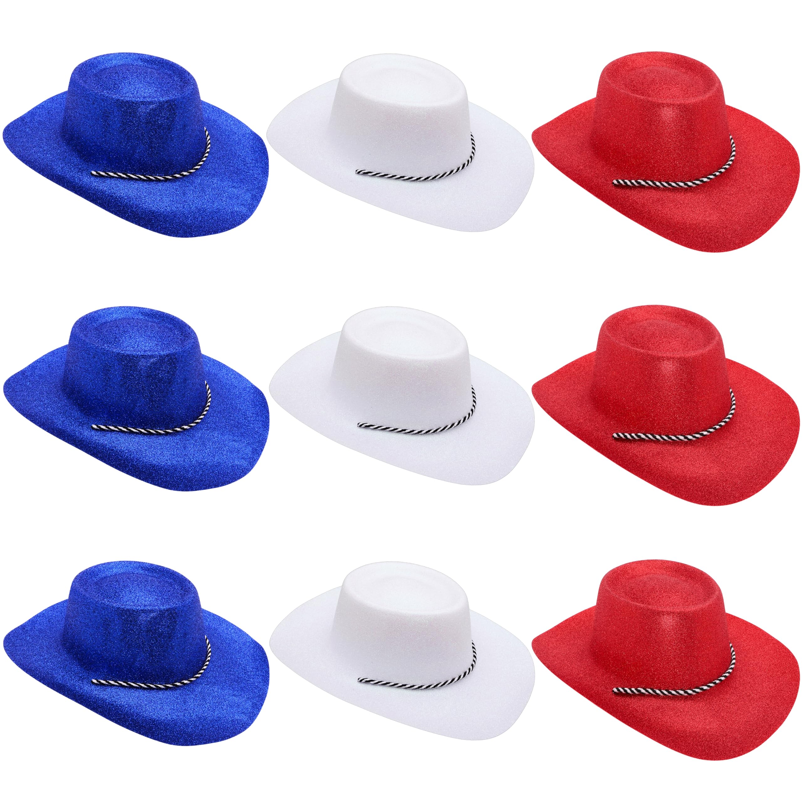 Toyland® Pack of 9 Glitter Cowboy Hats - 3 Red, 3 White and 3 Blue - Size 34cm (13") - Perfect for Euros World Cup & Olympics