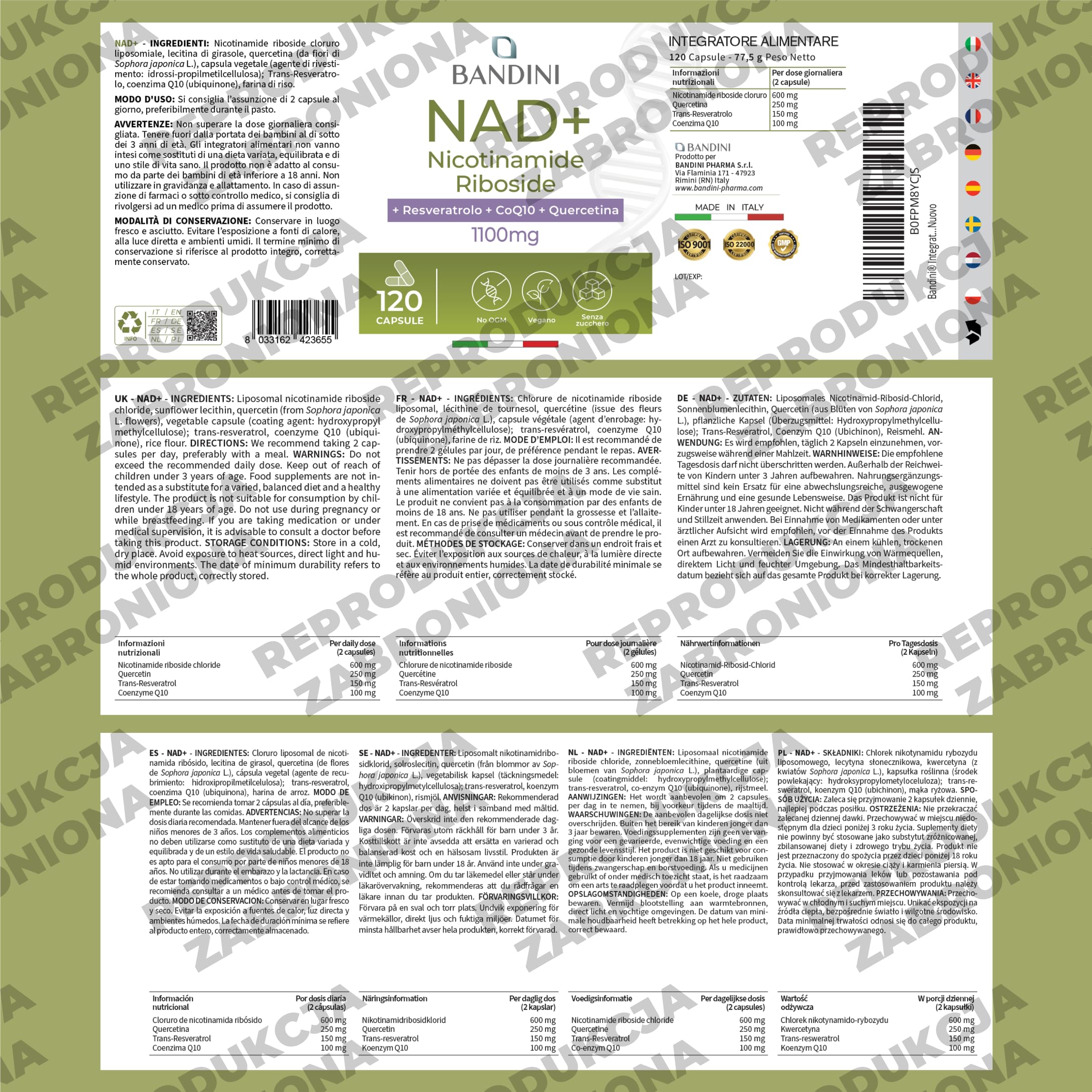 Bandini® Liposomalny NAD+ | 120 kapsułek wegańskich | NAD chlorkiem rybozydu nikotynamidu z kwercetyną, resweratrolem, koenzymem Q10 | Przeciwstarzeniowy, Energia komórkowa | 11100 mg na dawkę dzienną