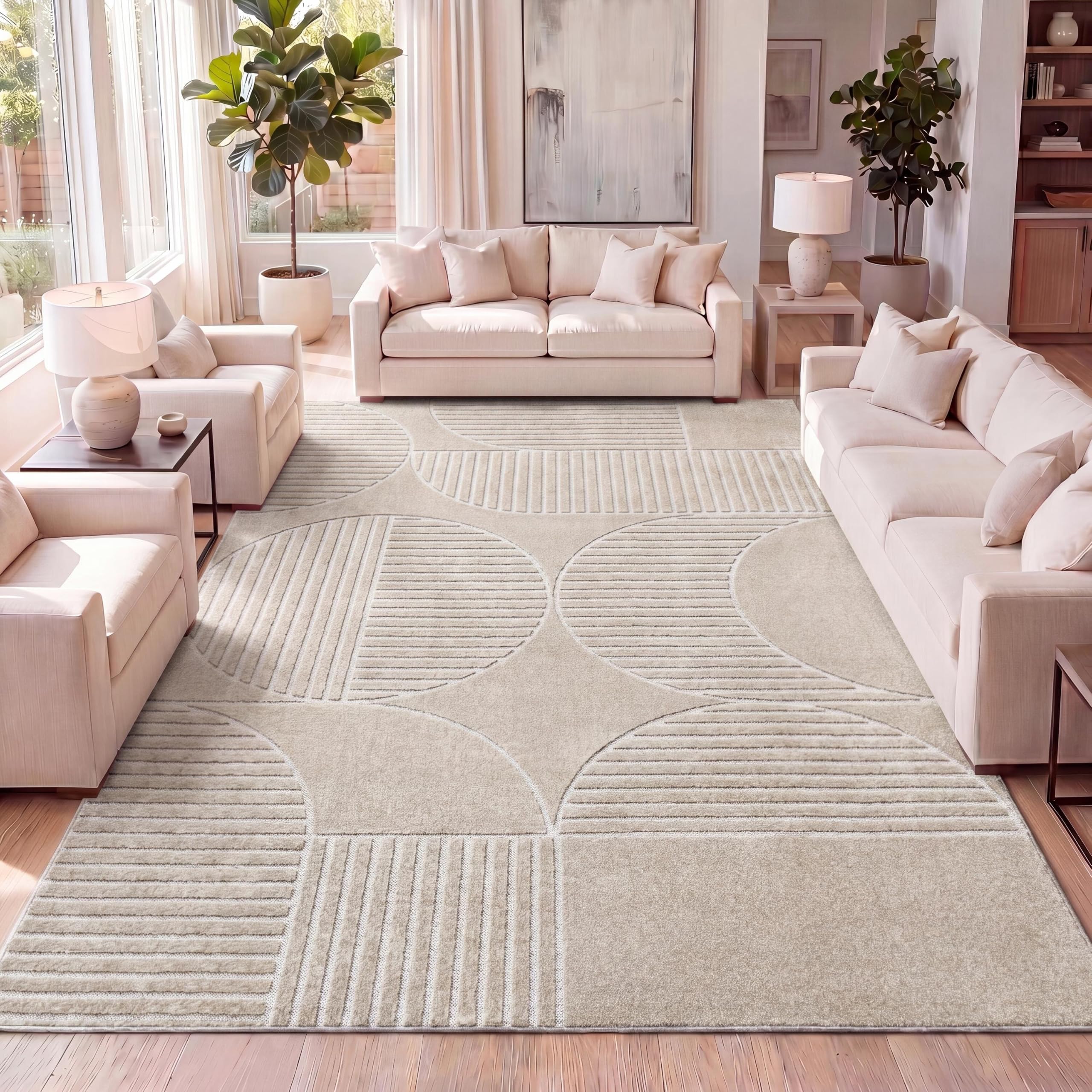 JONATHAN Y Nordby High-Low Arch Striped Indoor/Outdoor Area Rug, 4x6, Beige/Cream, for Patio, Backyard, Living Room, Bedroom, Office, Hose-Washable (