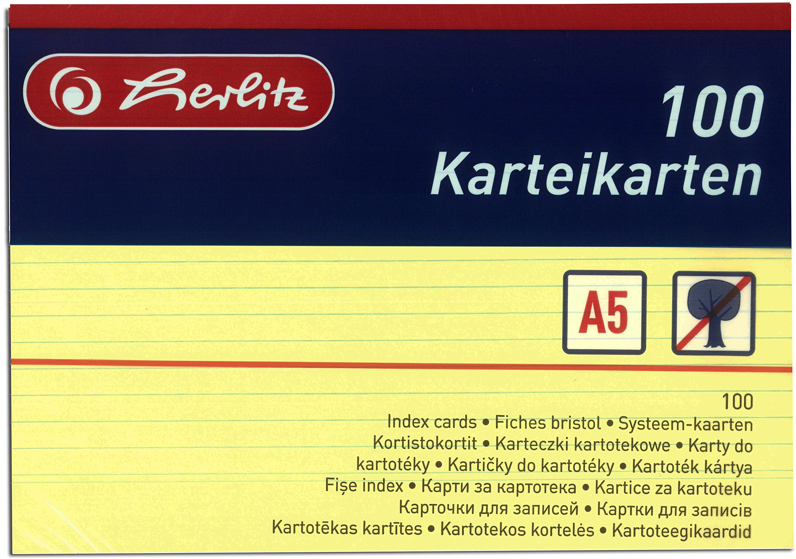 Herlitz Karteikarten A5, 170 g/m², holzfrei, 100er Packung, liniert (Gemischte Farben, 10 Packungen)