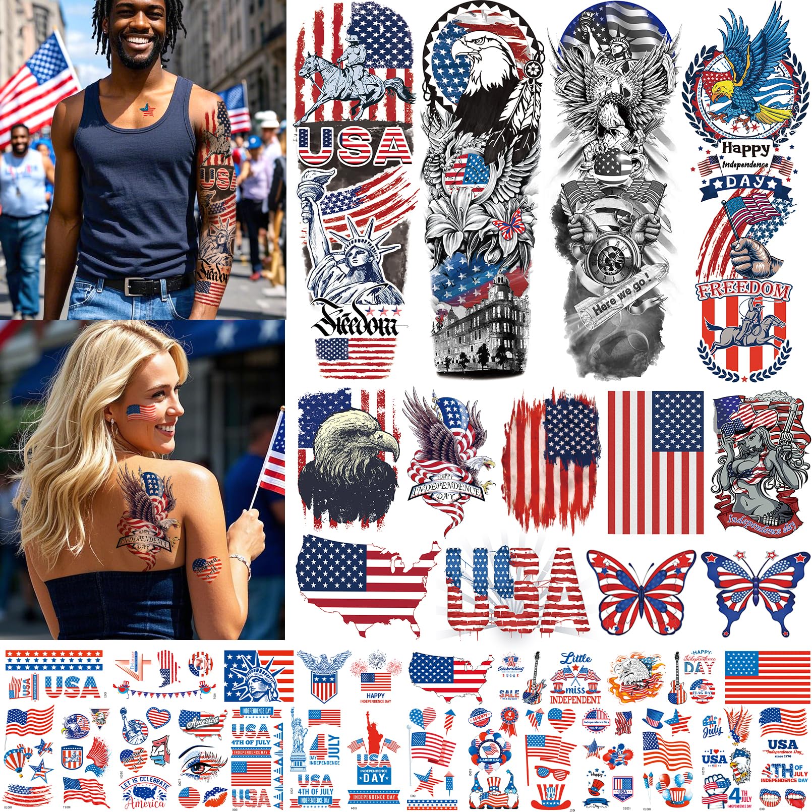 AresvnsIndependence Day Temporary Tattoos,Fourth of July USA Flag Sleeve Tattoo,Red White and Blue Party Supplies, 4th of July Fun Tattoos, Memorial Day, Labor Day Decorations Patriotic Tattoos