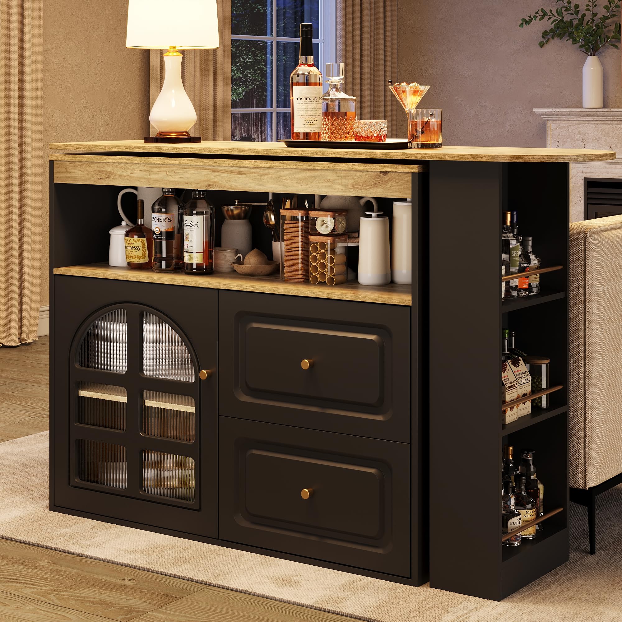 Tavolo Bar Estensibile Rotazione 360°, Mobile Cucina Moderno con Ripiani e Vetro, Credenza con 4 Cassetti, Scaffali Aperti e Porta in Vetro (Black, 138-204x39x104 cm)